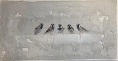 ''Five Sparrows'' Dutch Contemporary Fresco Painting with Sparrows, Birds