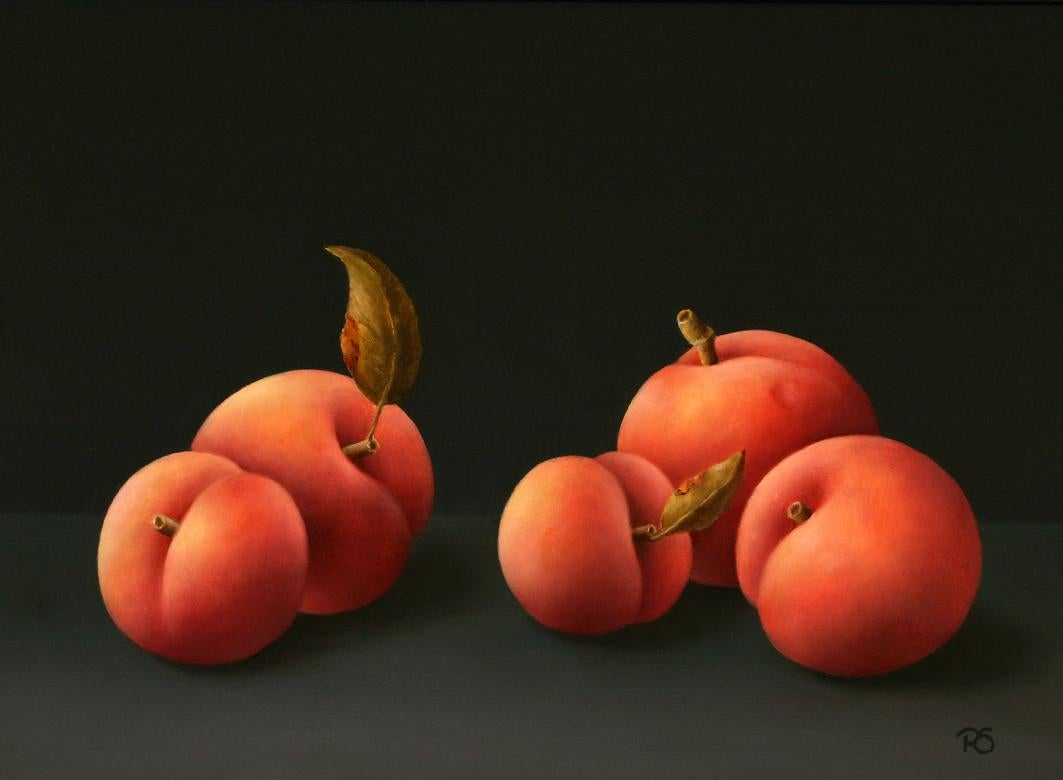 “5 Peaches” Contemporary Fine Realist Still-Life Painting of Peaches, Fruit