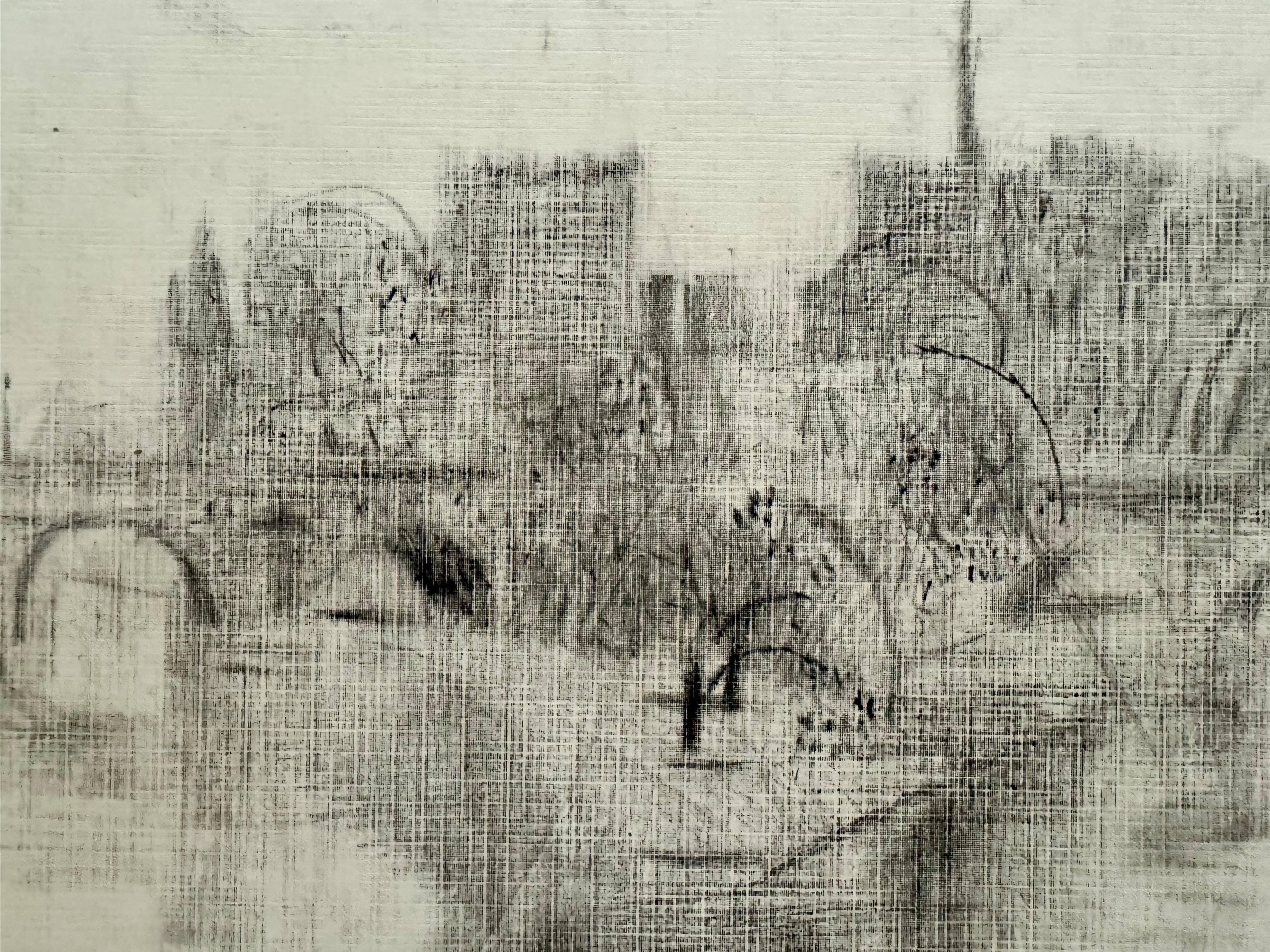 René Genis (French 1922-2004)  “brume au vert Galant, Paris” / Mist on Green-Galant, Paris.  Graphite on woven paper, laid to mat board, framed under glass.   Signed lower right.  Drawing size 19” x 12”.

A beautiful original piece of art from a