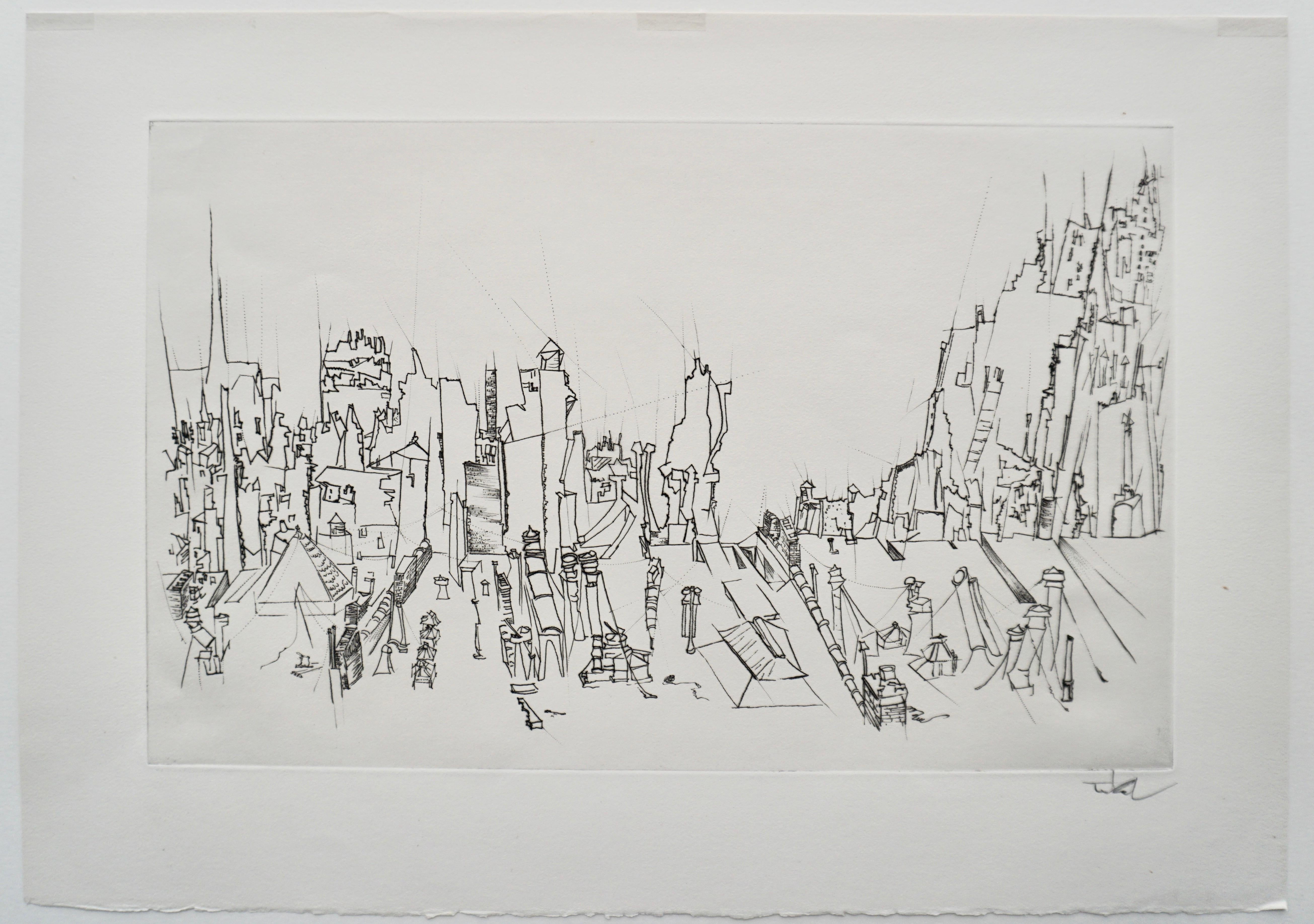 Gravure à la pointe sèche « City Roofs » (coqs de ville) de Peter Takal