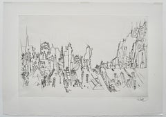 "Tejados de la ciudad" grabado a punta seca de Peter Takal