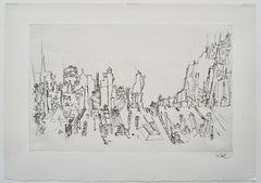 Vintage “City Roofs” drypoint engraving by Peter Takal