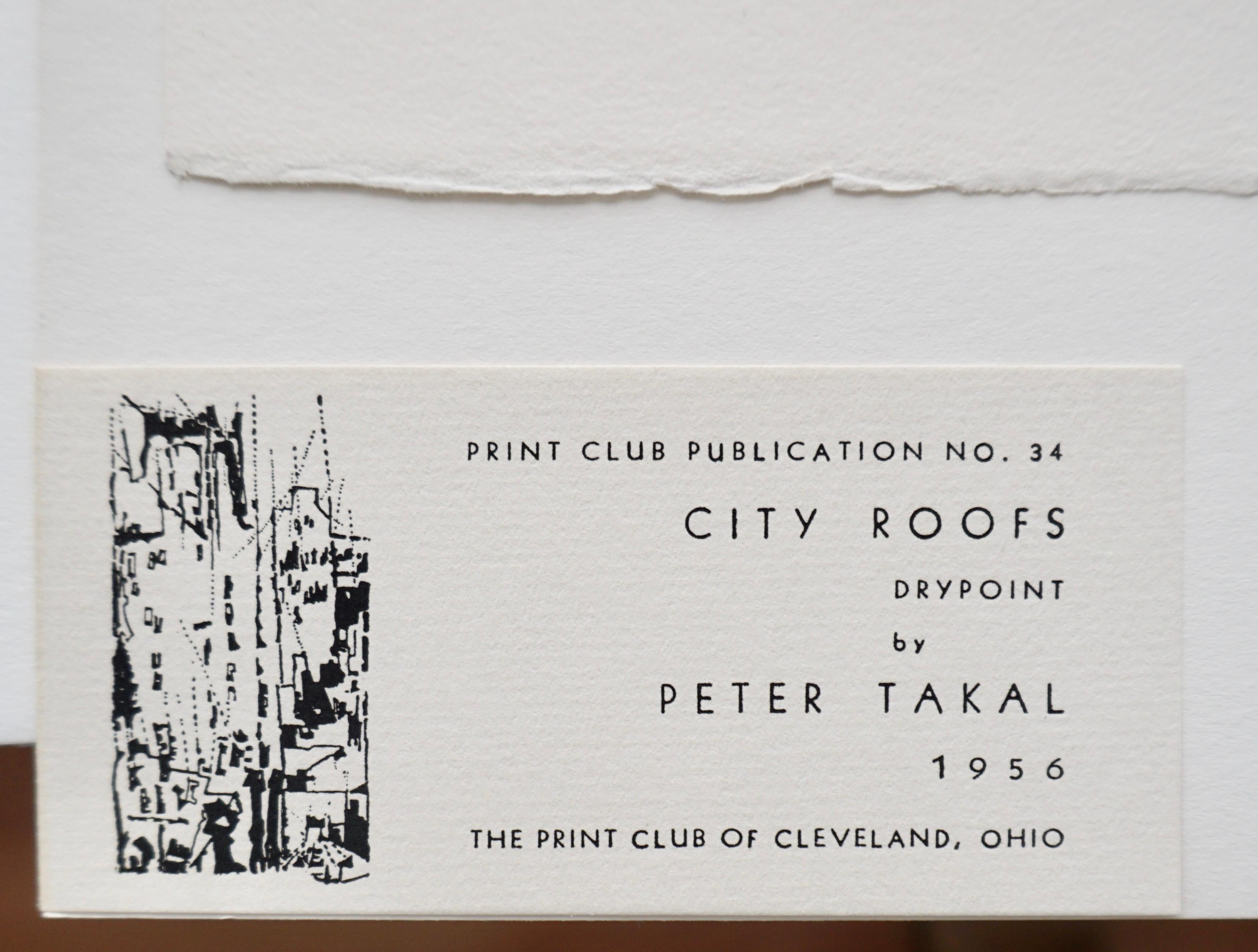 Gravure à la pointe sèche « City Roofs » (coqs de ville) de Peter Takal en vente 3