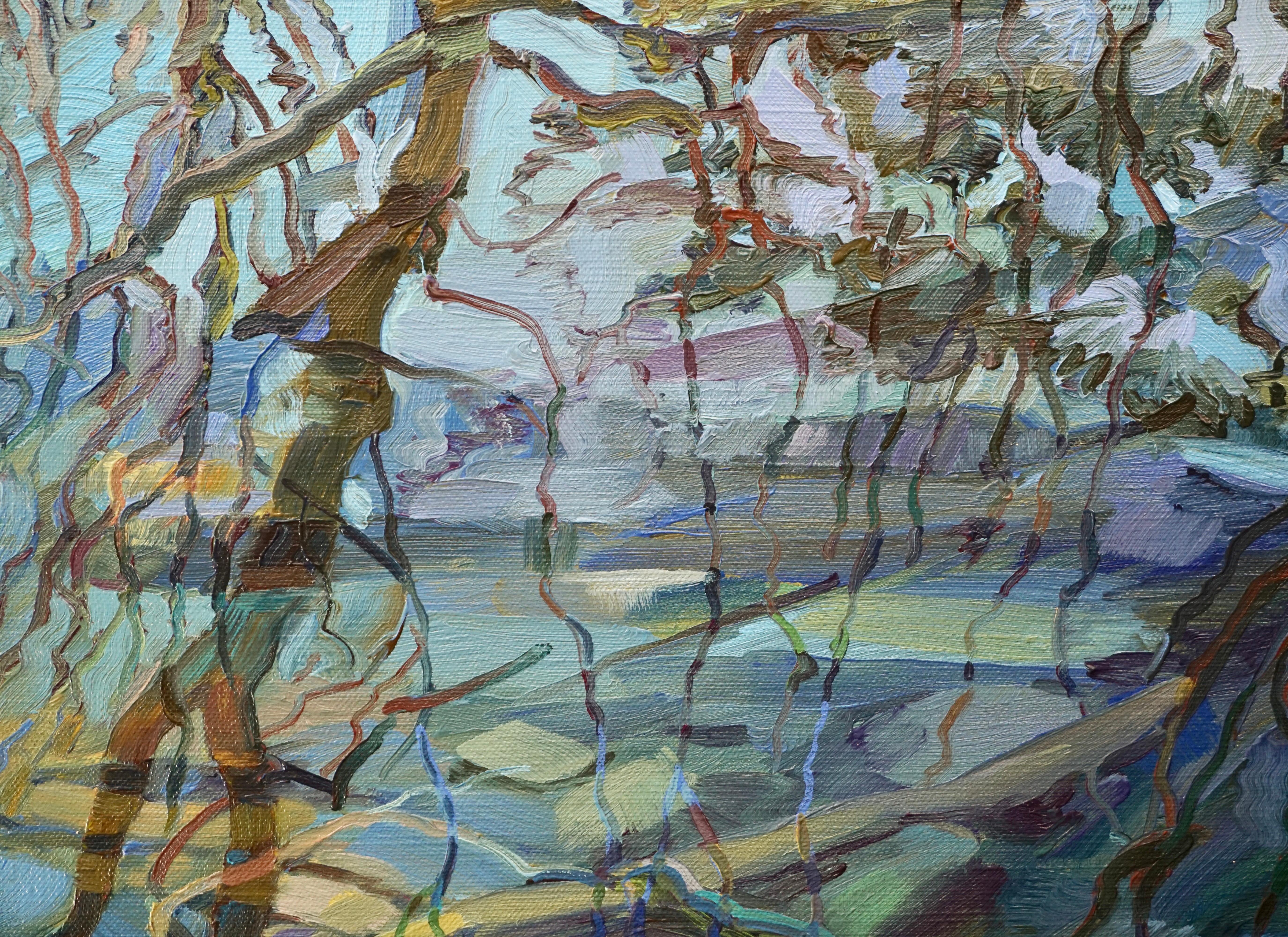 Stanley Sporny (Amerikaner 1946 - 2008) Ein Blick in einen Bach mit überhängenden Ästen, die sich im Wasser spiegeln.  Ein wunderschönes Ölgemälde, das den Grund des Baches sowie die Zweige und den Himmel, die sich im Wasser spiegeln, erforscht.  