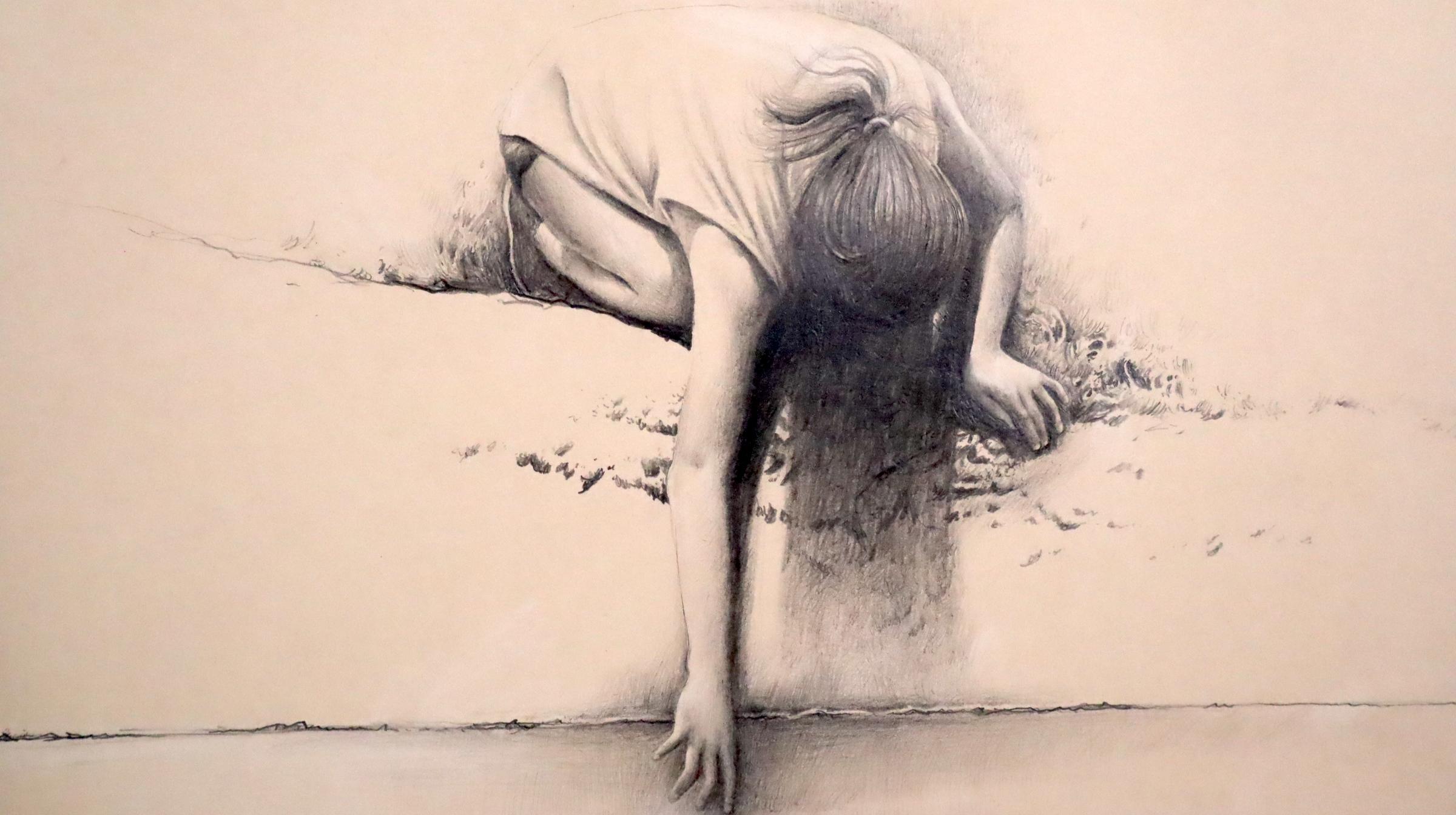 A touching figure study in great detail by the famous landscape artist Woody Gwyn.  Pencil on paper.  Date not known.  Signed lower right.  Taped to mat board.
Image: 10 1/2 x 13/ 1/4 inches; sheet (perforated on one end): 11 x 14 inches; mat board