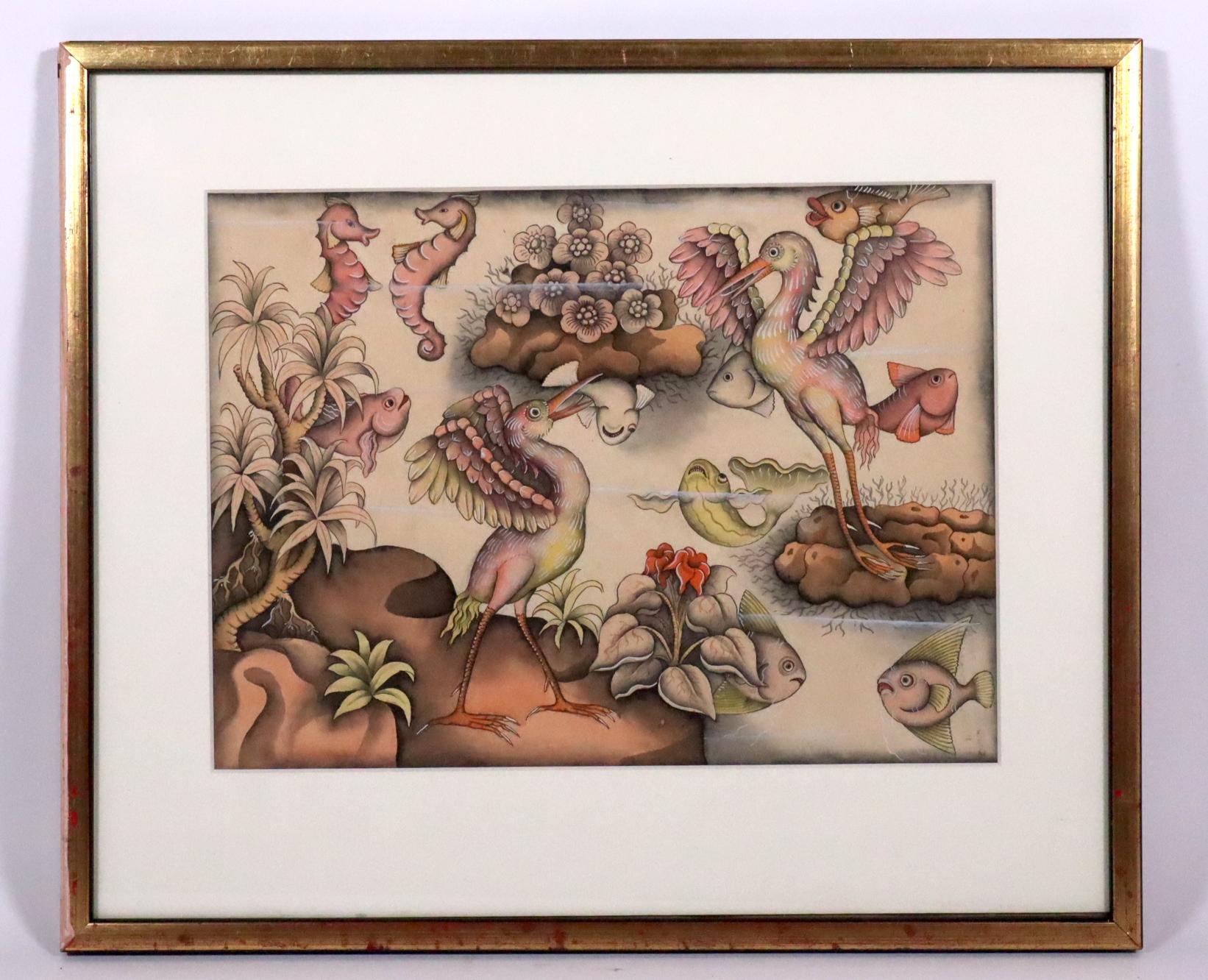 Balinese painting of water birds fish Indonesian art INVENTORY CLEARANCE SALE For Sale 2