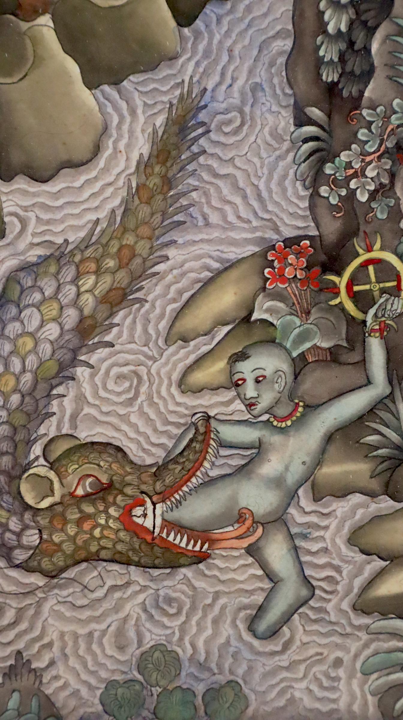 A lively Balinese watercolor painting of Krishna escaping the jaws of the demon water serpent Kaliya.  Probably from the 1940s or 1950s before Balinese artist began to sign their work.
Balinese painting of this time celebrated the lush tropical