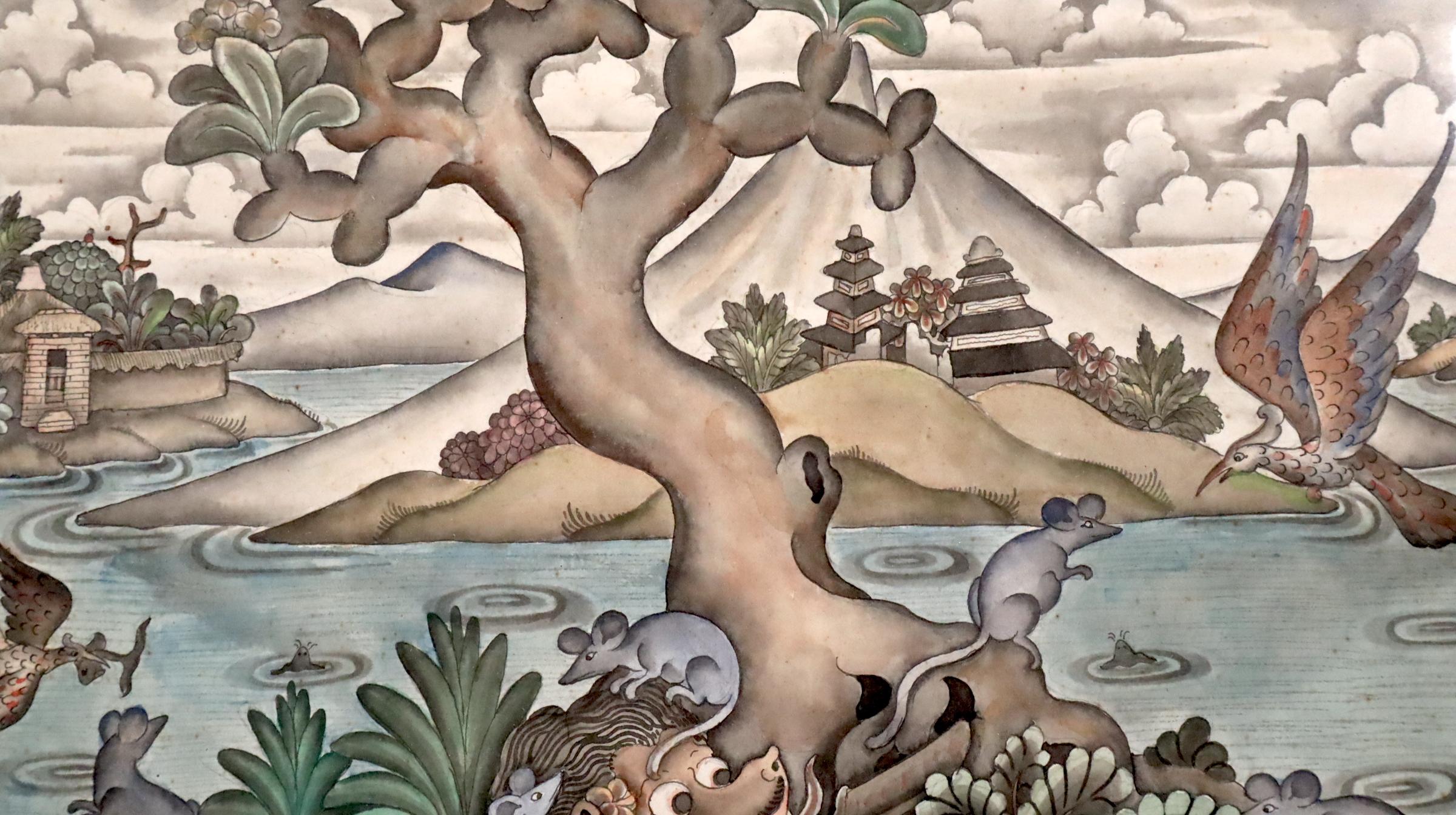 We are not sure what this painting illustrates, probably a local legend or myth. The typical Balinese landscape could be Lake Batuan with volcano.  In the foreground is a mound and large tree with mice or rats around, one appears to be communicating