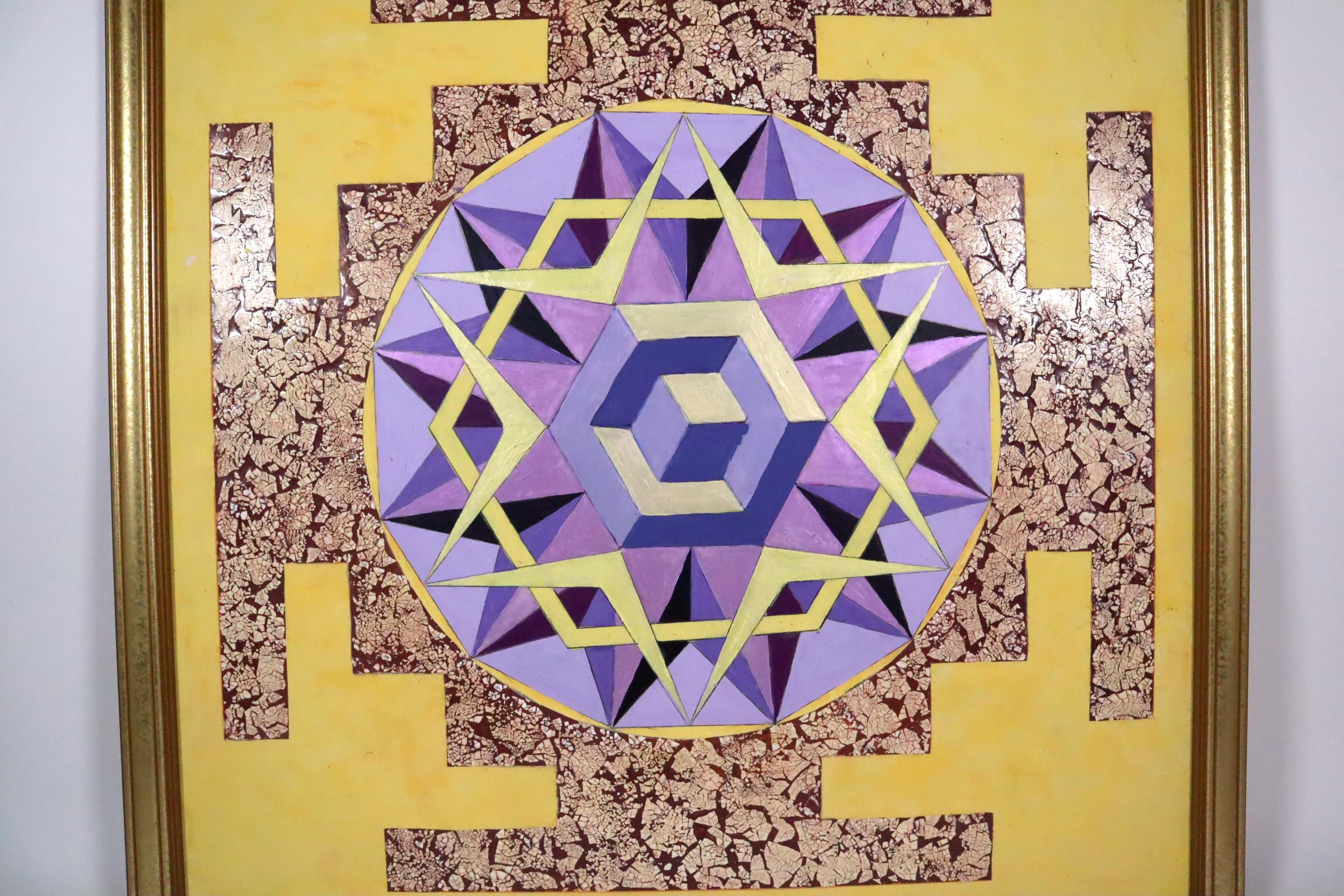 #1 from the Honey Bee Mandala series of 6 unique paintings by David Clough (American, born 1947).  Acrylic, crushed egg shell, and lacquer on wood board, 2009.  Signed, titled and dated verso.  Framed.
Image: 23 1/2 x 23 1/2 inches; frame: 26 x 26