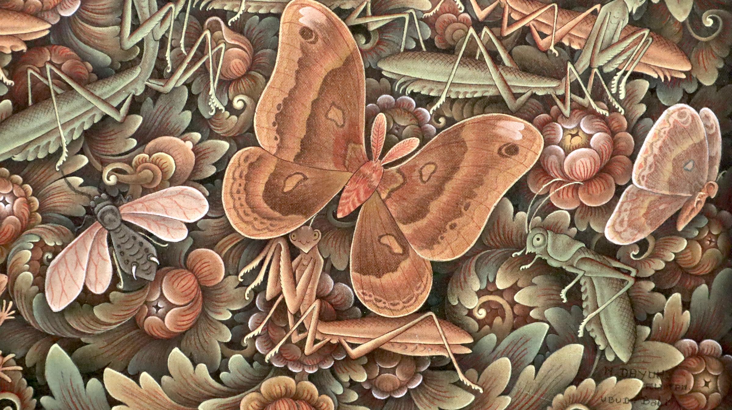 Balinese painting of the insect world Indonesian art from Peliatan Ubud Bali - Painting by Nyoman Dayuh