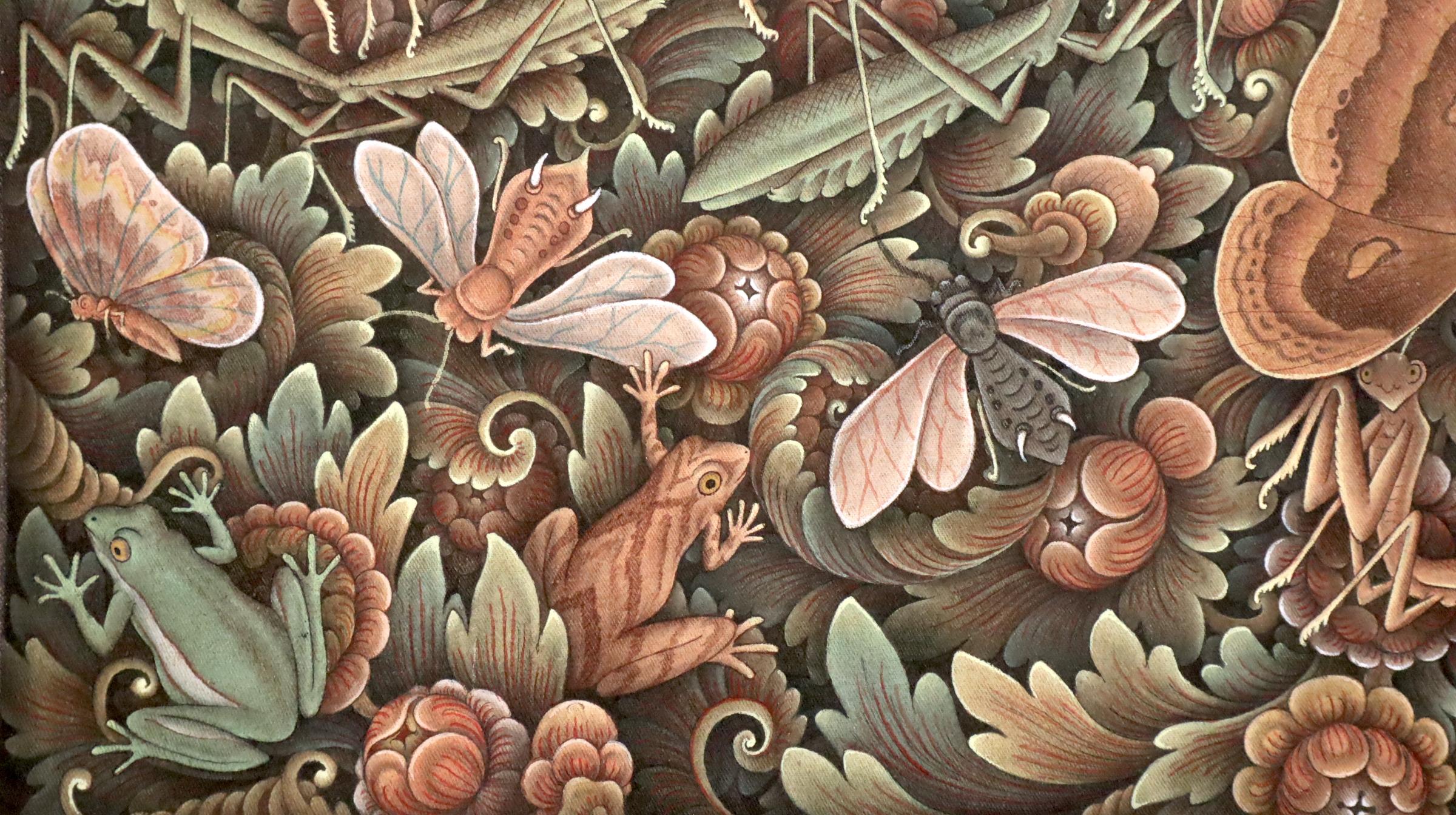 Balinese painting of the insect world Indonesian art from Peliatan Ubud Bali - Brown Still-Life Painting by Nyoman Dayuh