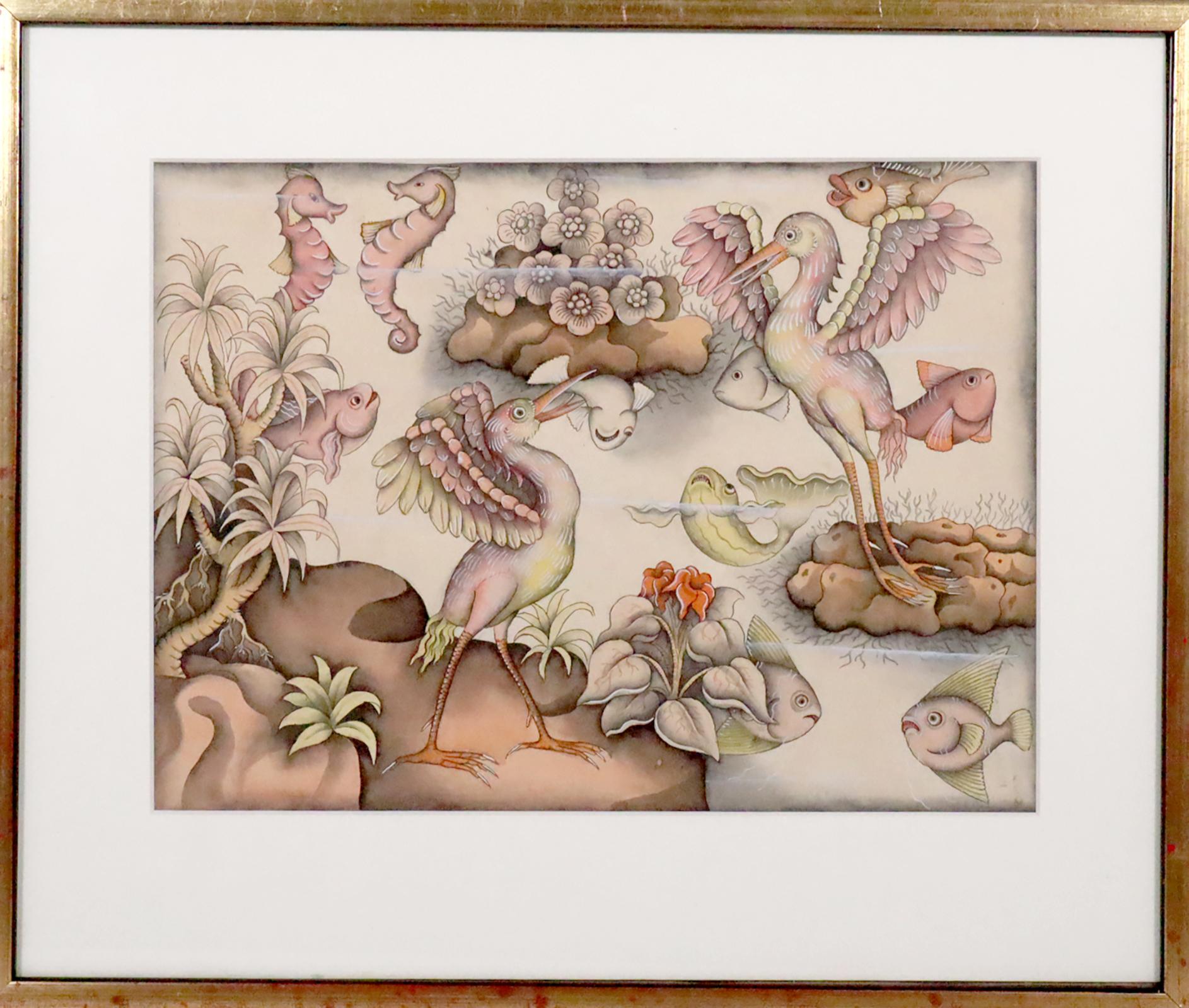 Unknown Landscape Art - Balinese painting of water birds fish Indonesian art INVENTORY CLEARANCE SALE