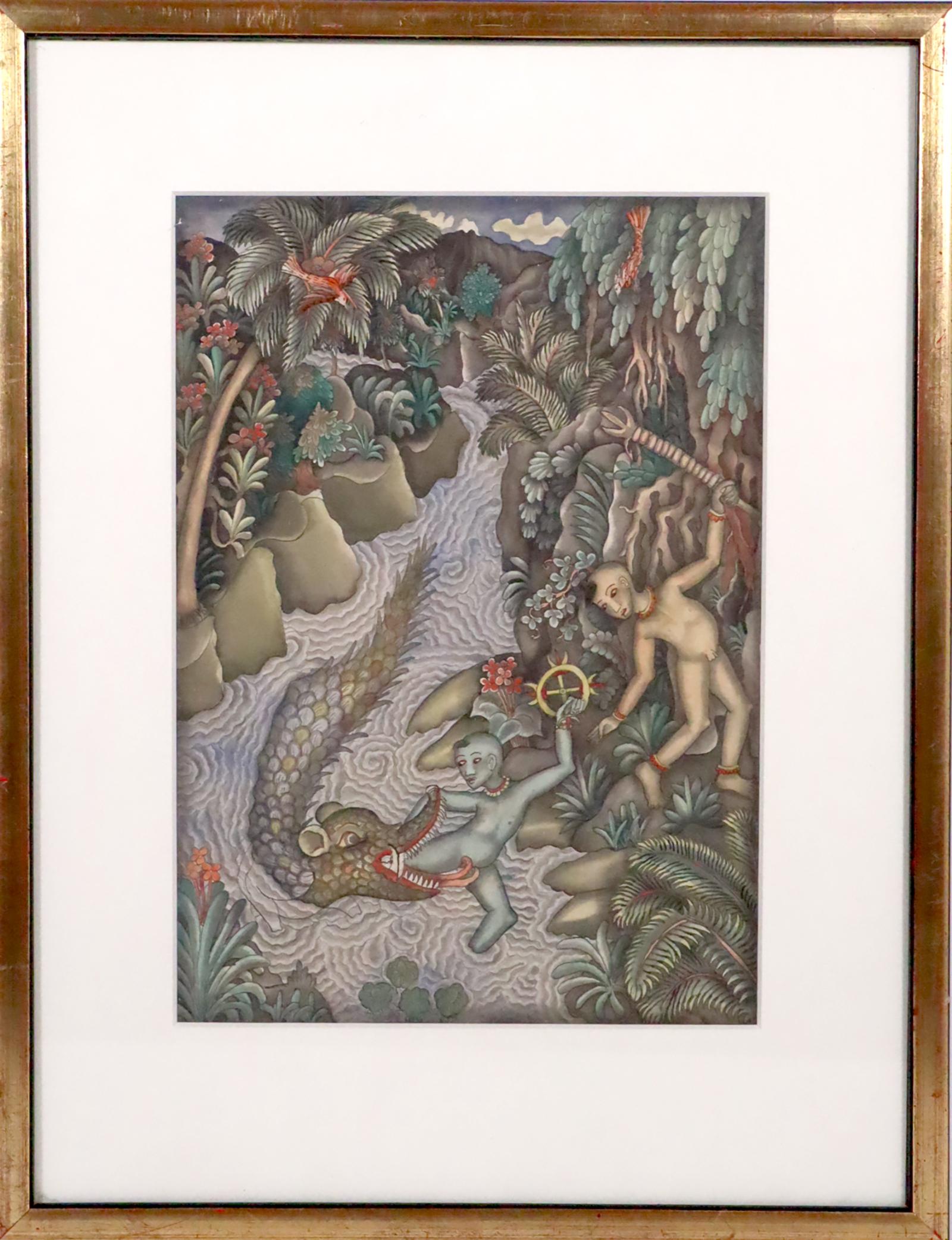 Unknown Figurative Art - Framed Balinese watercolor painting INVENTORY CLEARANCE SALE
