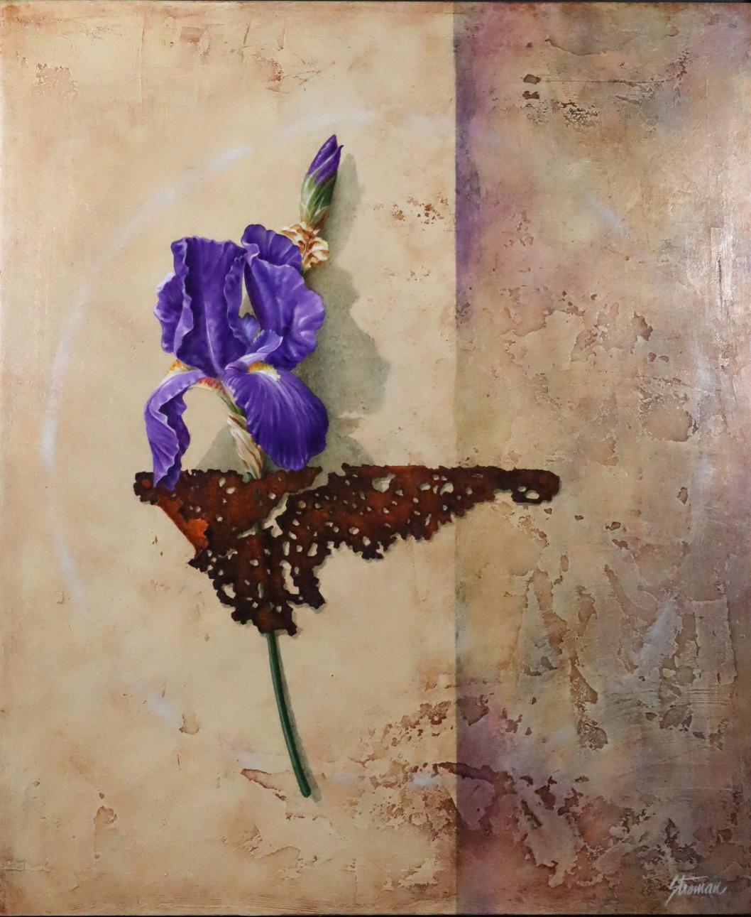 Last chance clearance sale.  
"Winged Iris" acrylic on board by American realist painter Brad Stroman, circa 2015.
Stroman is known for his incredible talent in rendering natural objects with absolute fidelity.  Not only that, he optically floats