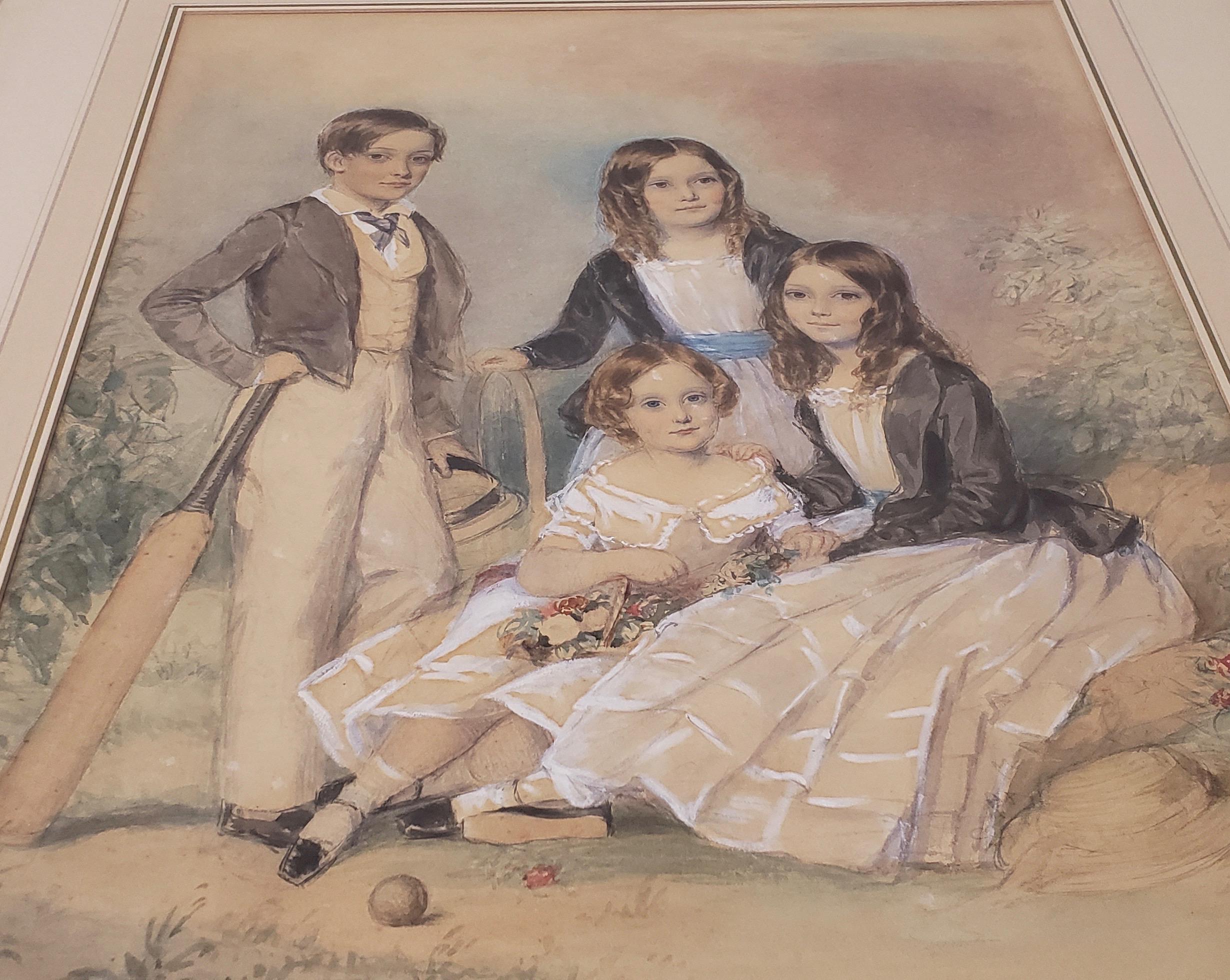 John Collingham Moore (England, 1829-1880) four children, circa 1860s

Rare pencil, watercolor and white wash by listed artist John Collingham Moore, 19th century.

Here we have the children of Henry and Elizabeth Young. Young Henry stands with his