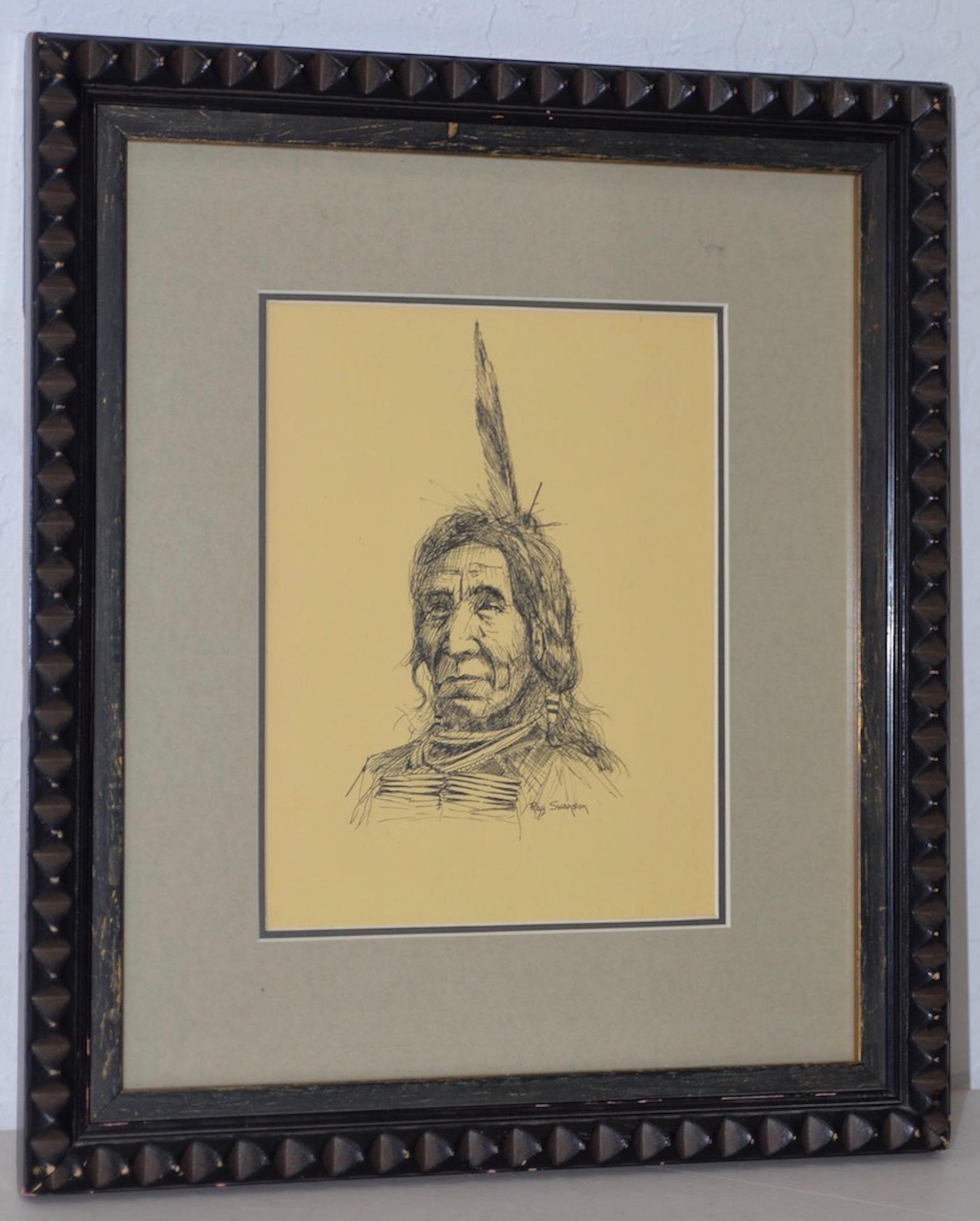 Ray Swanson (1937-2004) "Amérindien" Original plume et encre c.1960s

Beau portrait d'un Indien d'Amérique par l'artiste occidental Ray Swanson.

Dimensions 6" x 8". Le cadre mesure 12" x 14".

Signé en bas à droite. Très bon état.

Membre des