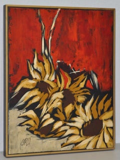Carlo of Hollywood "Sunflowers" Mid Century Modern Oil Painting c.1960