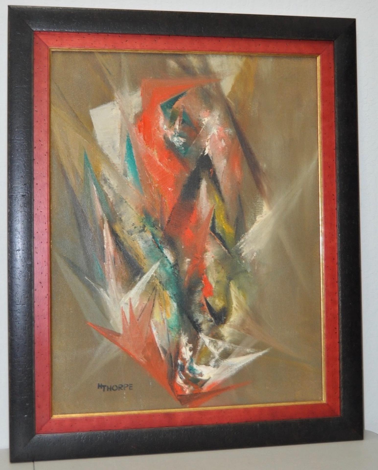 Peinture à l'huile abstraite originale Harriet Thorpe « Figure Bird », vers les années 1960