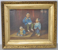 Antique Frederick Bauer "Chinese Children" Original Oil Painting c.1890s