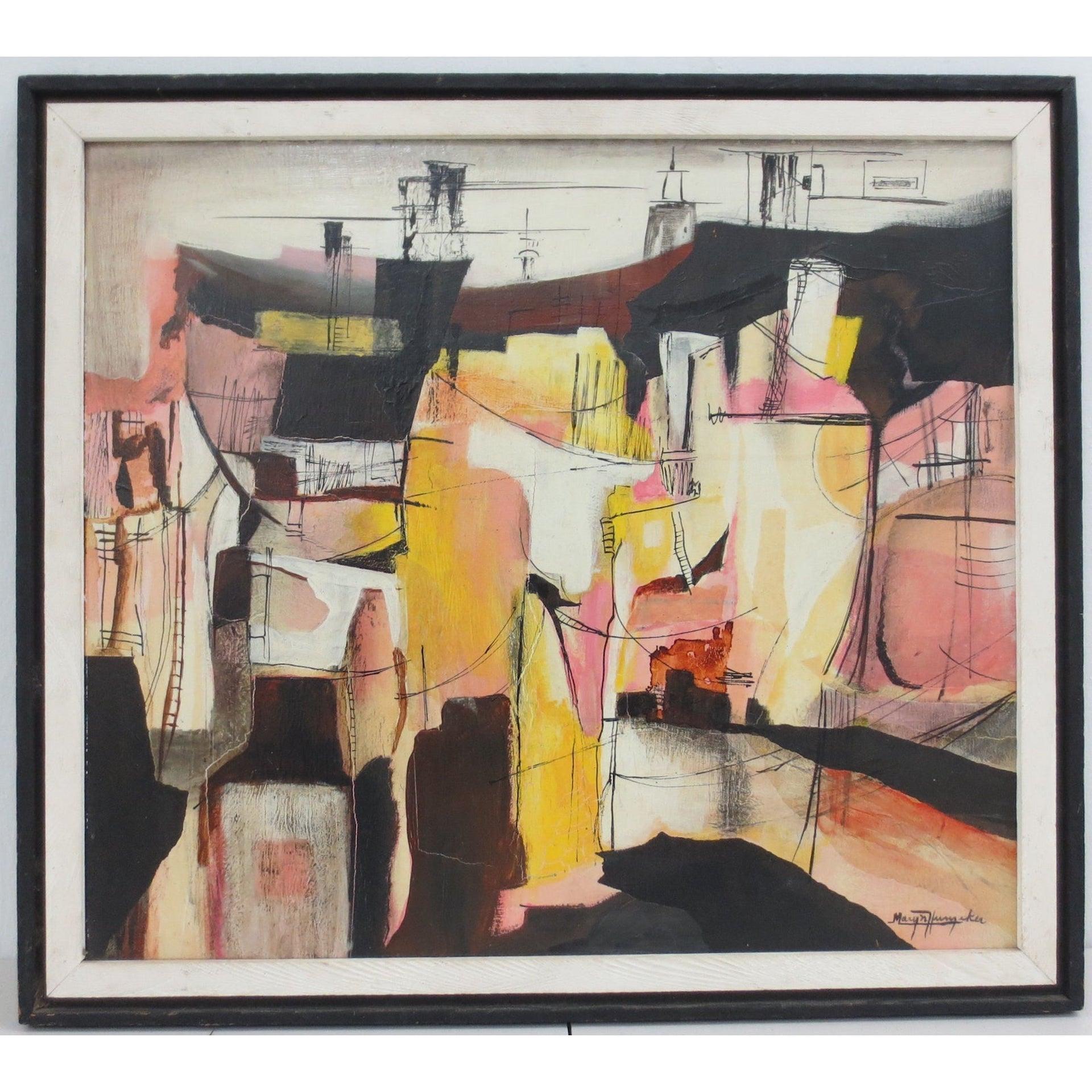 Maryn Hunzeker, estadounidense, 1907 - 1972

Título - La Refinería. Posible técnica mixta sobre tabla (Papel, Collage, Óleo, Tinta)

Sin fecha - Creemos que es de hacia 1950 - Firmado abajo a la derecha

Otro impresionante cuadro abstracto vintage