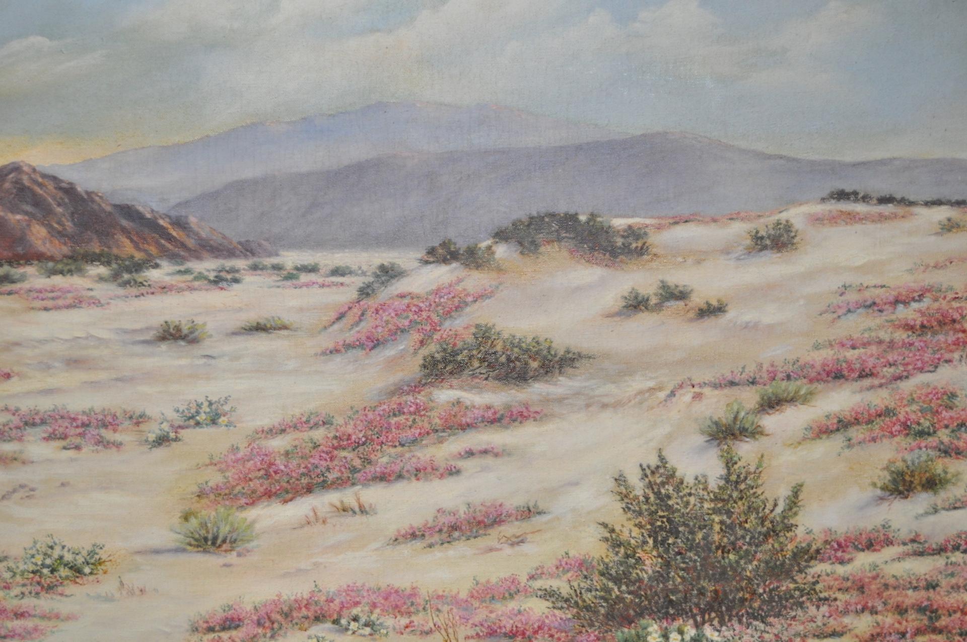 California Desert Landscape w/ Sand Verbena by Elizabeth Hewlett Watkins c.1940s For Sale 1