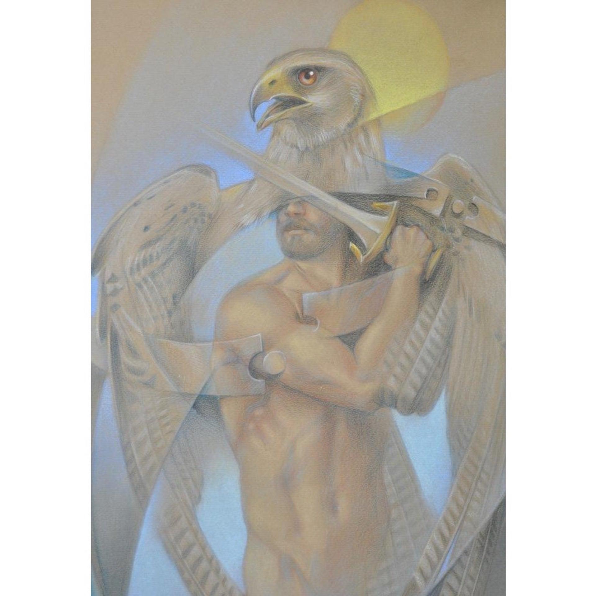 Vintage Fantasy Dreamscape in Color Pencil by Vilela Valentin c.1986

This is a remarkable original illustration done in color pencil by a very talented artist.

A handsome man in a prism of light as his soul, in the form of an eagle, rises to