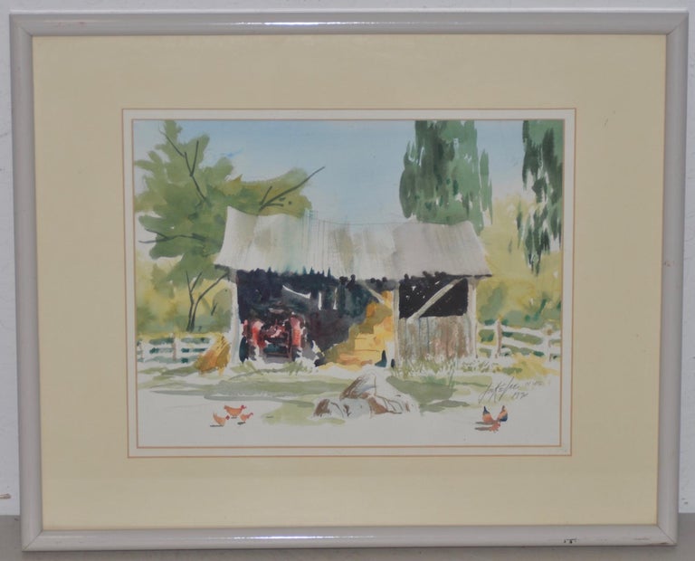 Fine watercolor painting by noted American artist Jake Lee

Though untitled, we are calling this "Tractor in the Barn".

A nice farm scene with chickens outside a barn.

Dimensions 13.5" x 10.5". The distressed frame measures 21" x 17".

Signed and