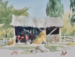 Jake Lee "Trattore nel fienile" Acquerello originale del 1990 ca.