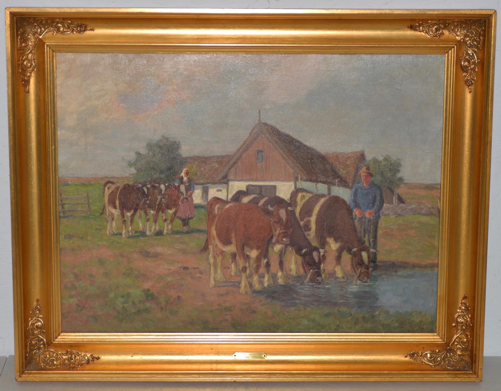 Axel Hansen (Dutch, 1896-1936) Landhauslandschaft mit Rindern, ca. 1920er Jahre

Schönes impressionistisches Ölgemälde des dänischen Malers Axel Hansen.

Das Gemälde zeigt ein junges Paar auf dem Bauernhof der Familie. Ihr Haus ist ein