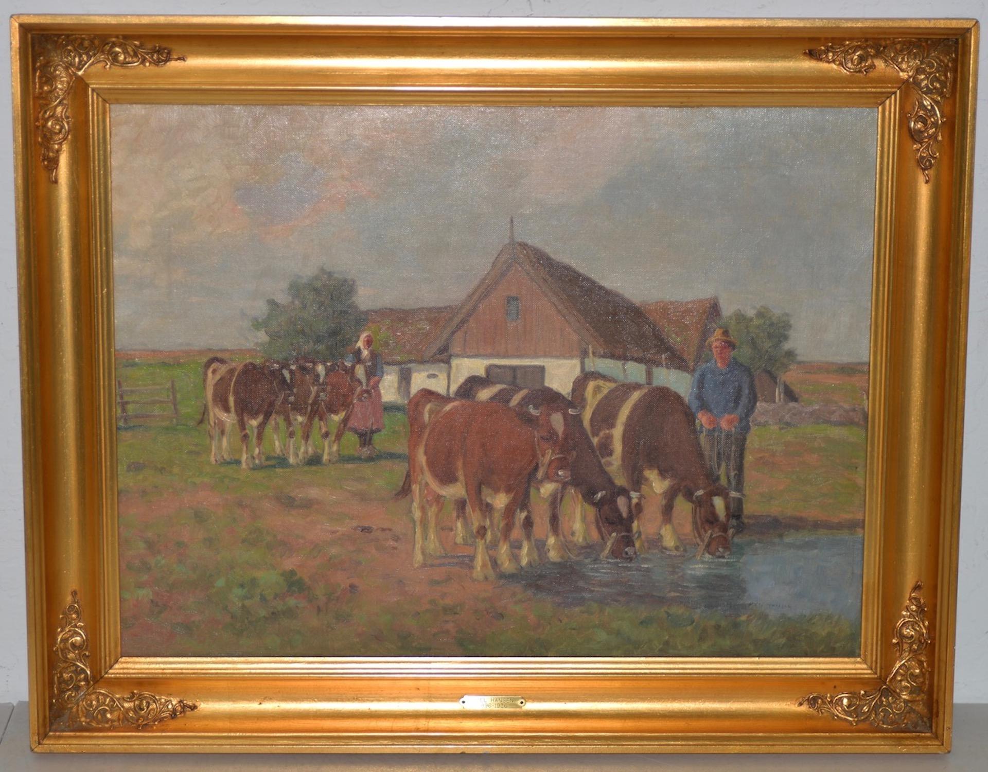 Axel Hansen (Holandés, 1896-1936) Paisaje campestre con ganado c.1920s

Fino óleo impresionista del pintor danés Axel Hansen.

El cuadro muestra a una joven pareja en la granja familiar. Su casa es una casita de estuco con tejado de paja. El ganado