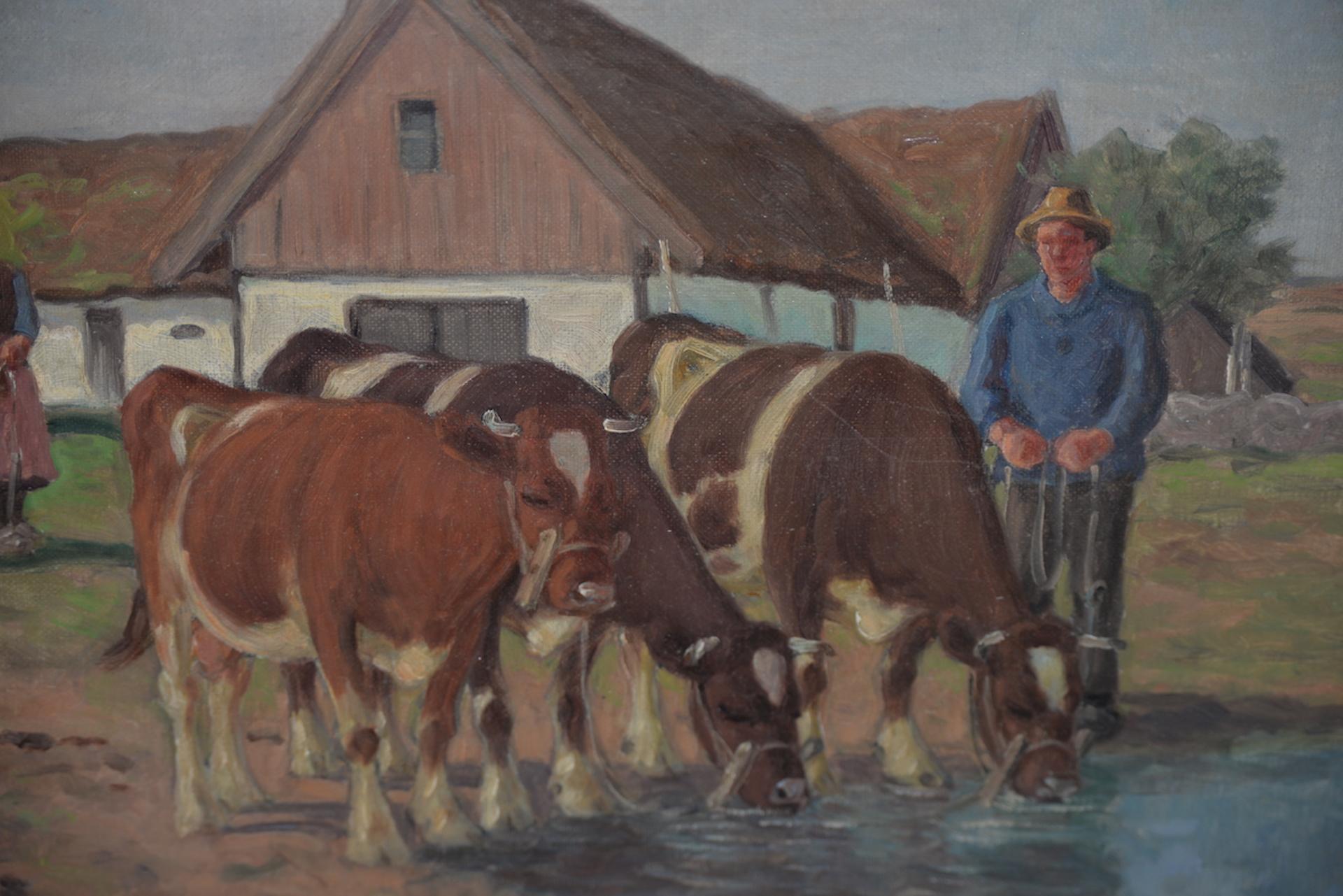 Axel Hansen (Dutch, 1896-1936) Country Farm Landscape w/ Cattle c.1920s For Sale 2