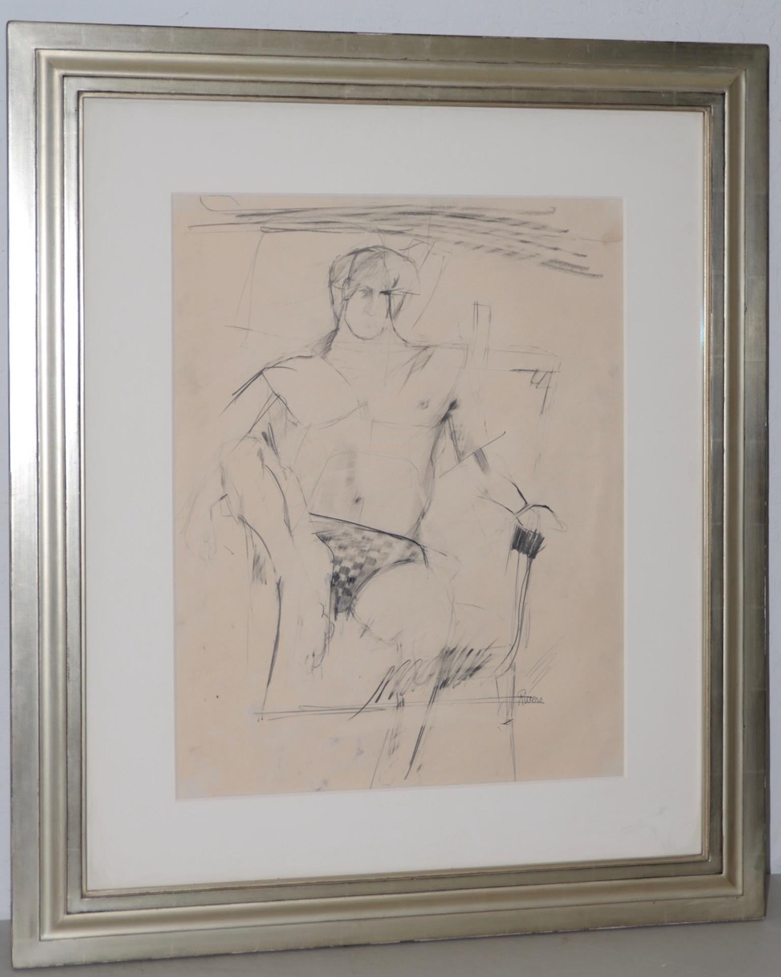 Larry Rivers Figure masculine moderniste originale fusain du milieu du 20e siècle