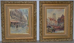 Piet van Beek Pair of European Street Scene Oil Paintings c.1950s