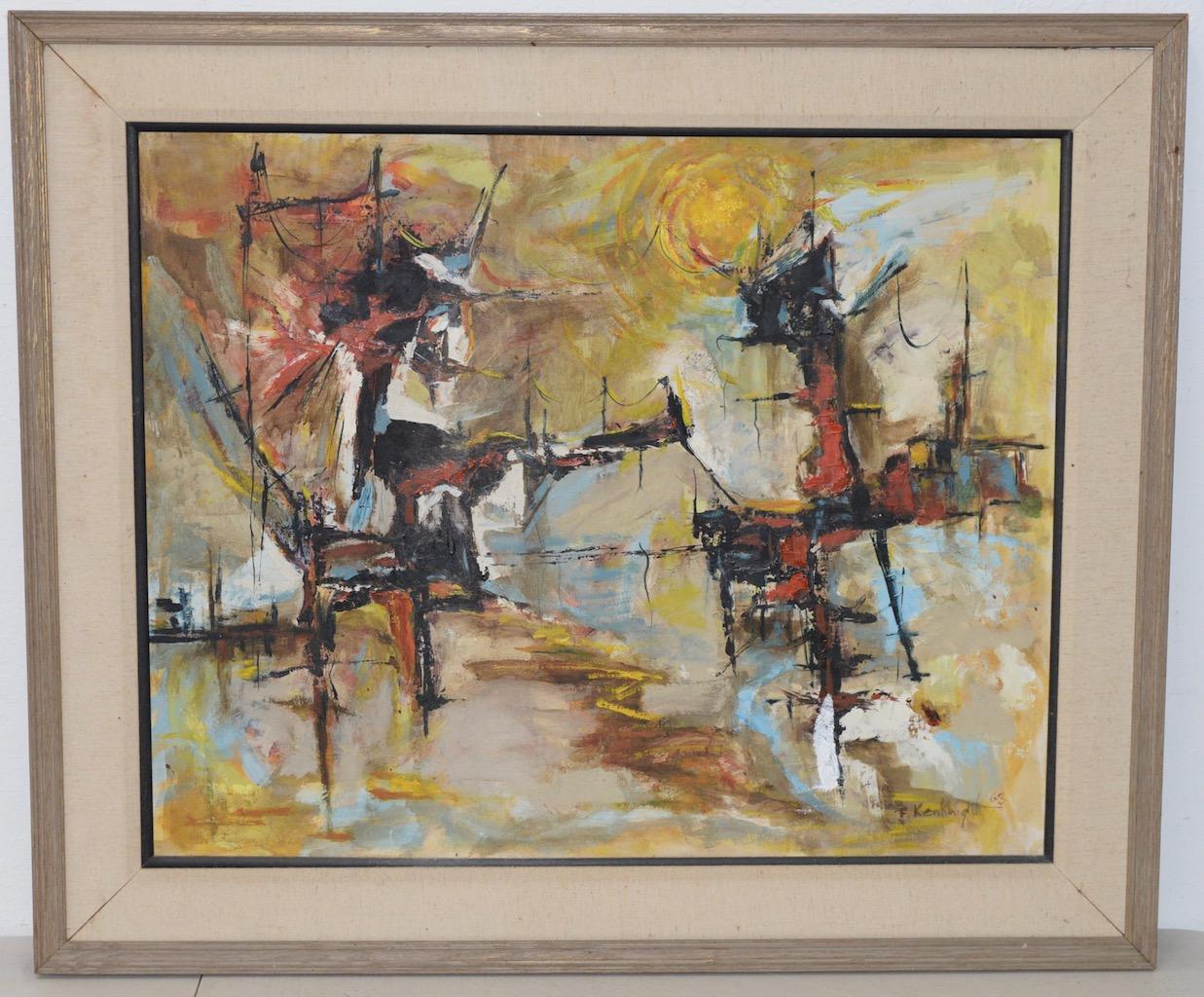 Fred Kenknight Vintage 1960 "Sole di mezzogiorno" Pittura ad olio astratta

Fantastico dipinto a olio d'epoca firmato da Fred Kenknight. 

Anche se senza titolo, lo chiamiamo "Midday Sun" per il caldo sole estivo che sorge su un paesaggio astratto,