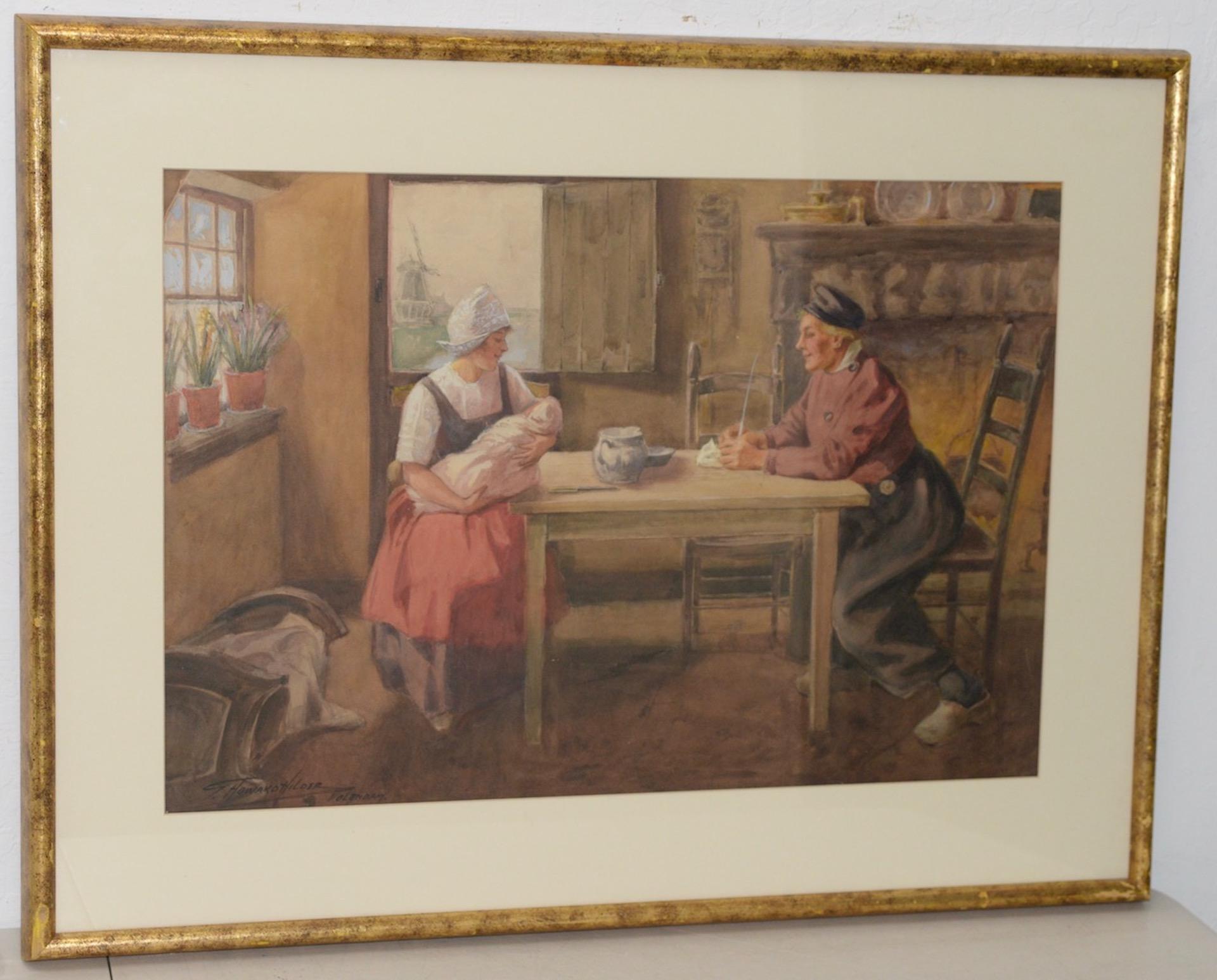 G. Howard Hilder "Tempo di famiglia a Voldendam" Acquerello originale del 1930 ca.