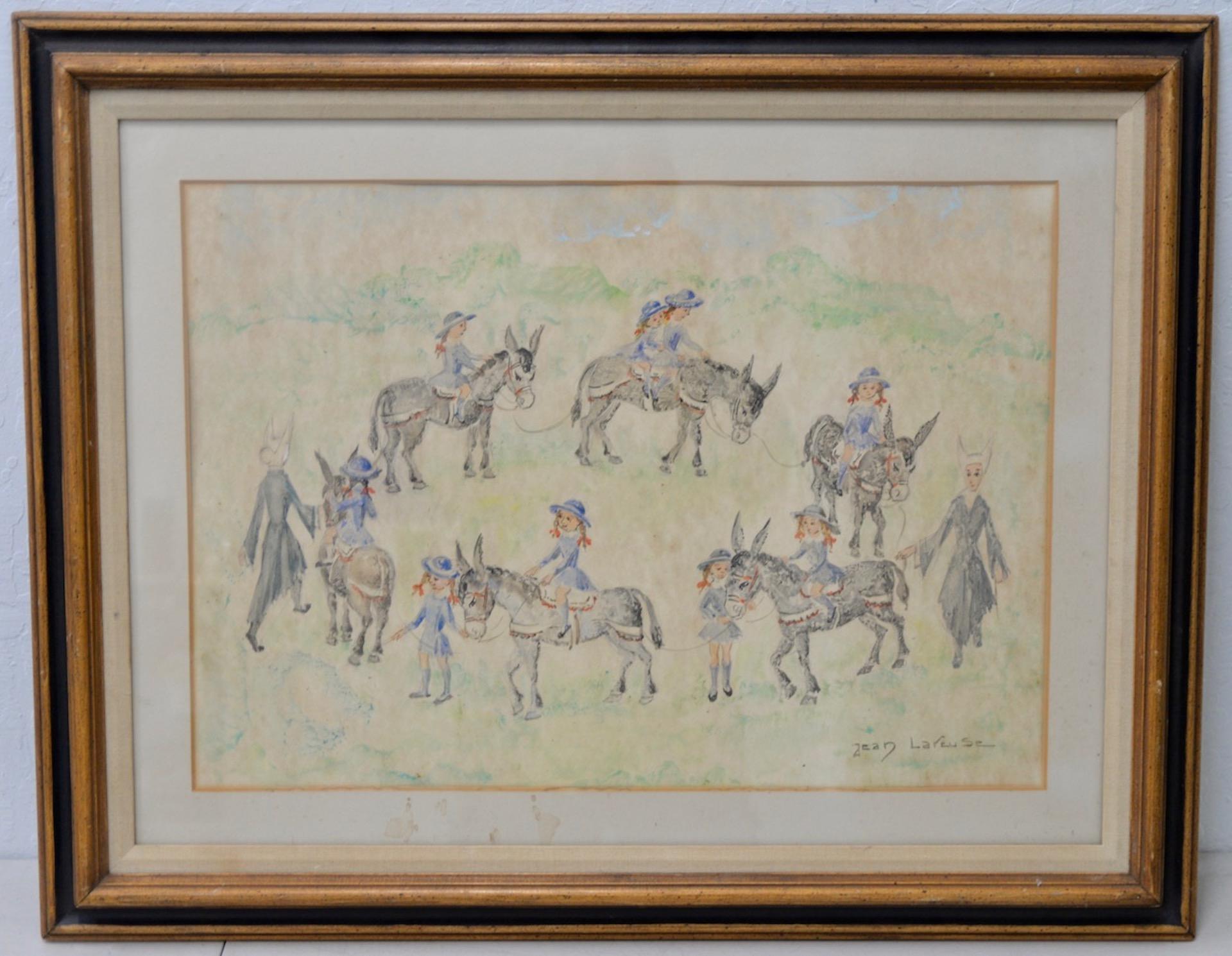Jean Lareuse "School Girls on a Donkey Ride" Original Watercolor c.1950
