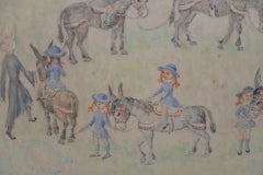 Jean Lareuse "School Girls on a Donkey Ride" Original Watercolor c.1950