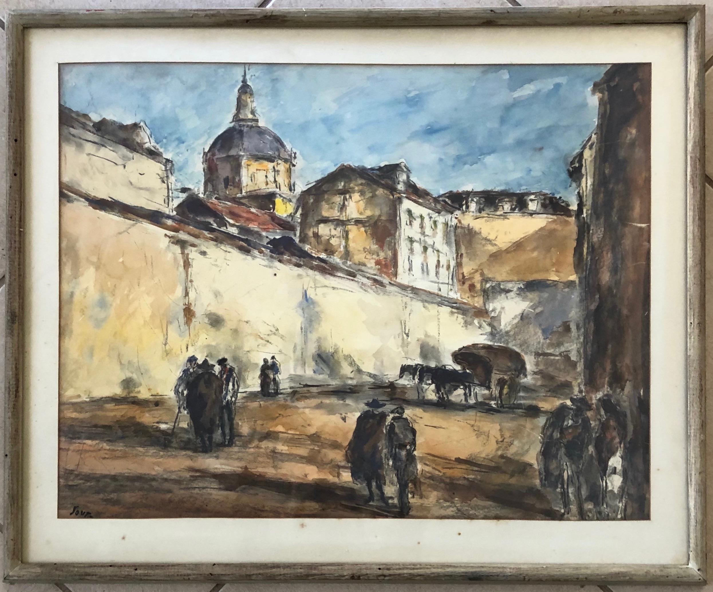 Arturo Souto Feijoo (1901-1964) City Walls w/ Figures Original Mixed Media c.195