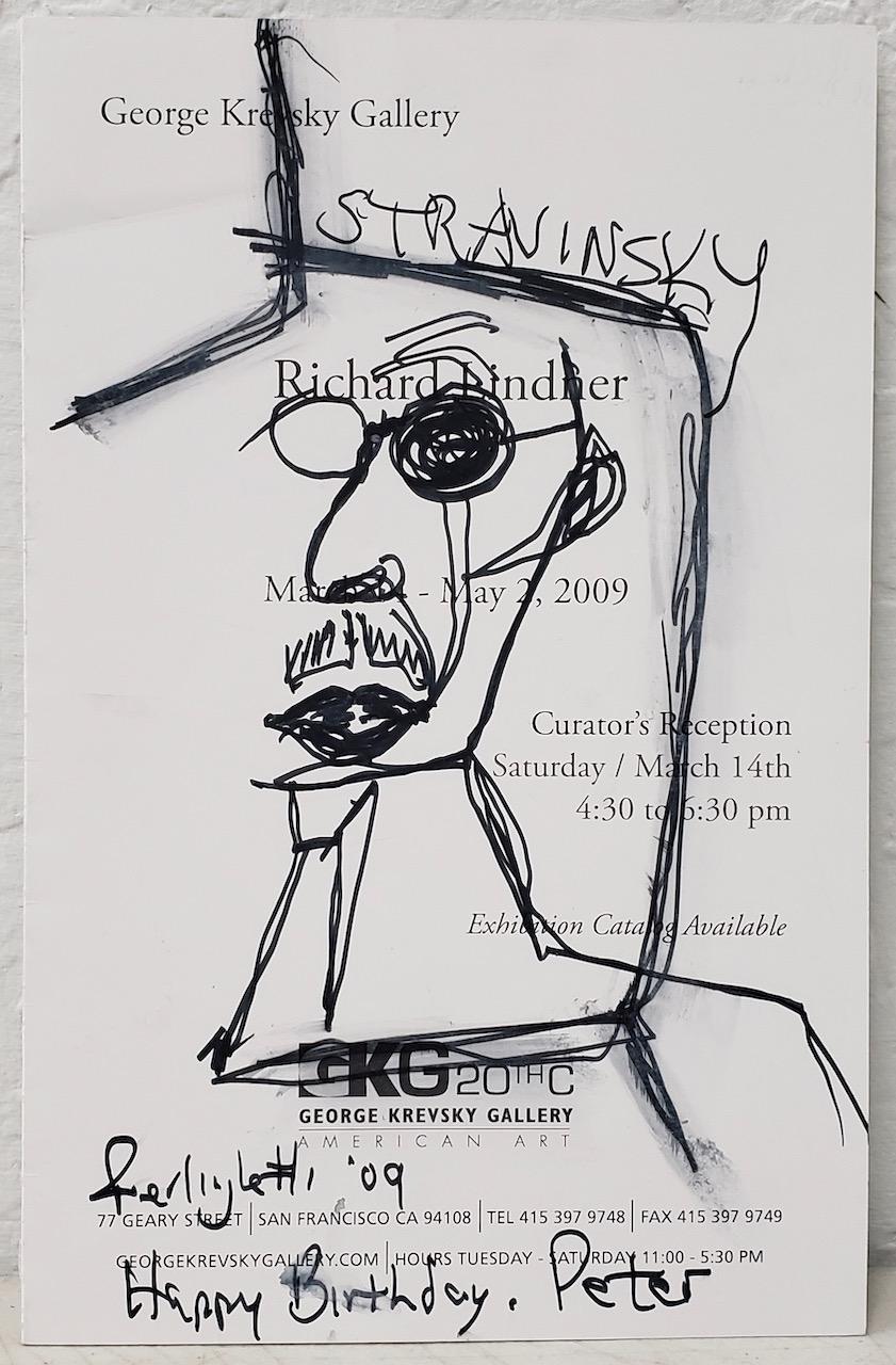 Rare plume et encre de Stravinsky par Lawrence Ferlinghetti (Américain, né en 1919) c.2009

Dedicated to "Peters" for his Birthday in 2009. Nous ne savons pas qui est Peters.

Dessiné à la main sur une brochure de carte de galerie.

Dimensions 5,5"