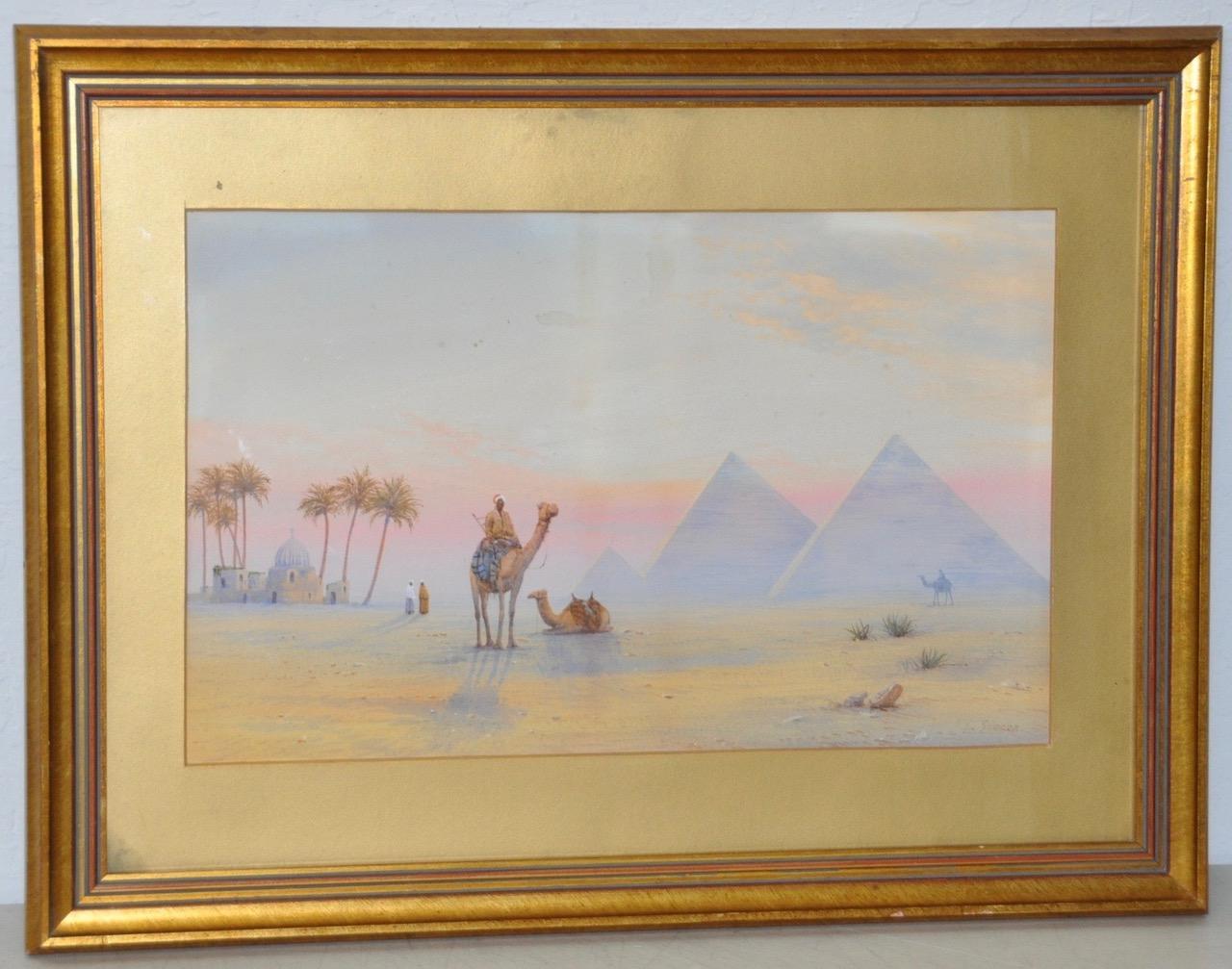 Unknown Landscape Art - 19th Century Watercolor Pyramids at Giza