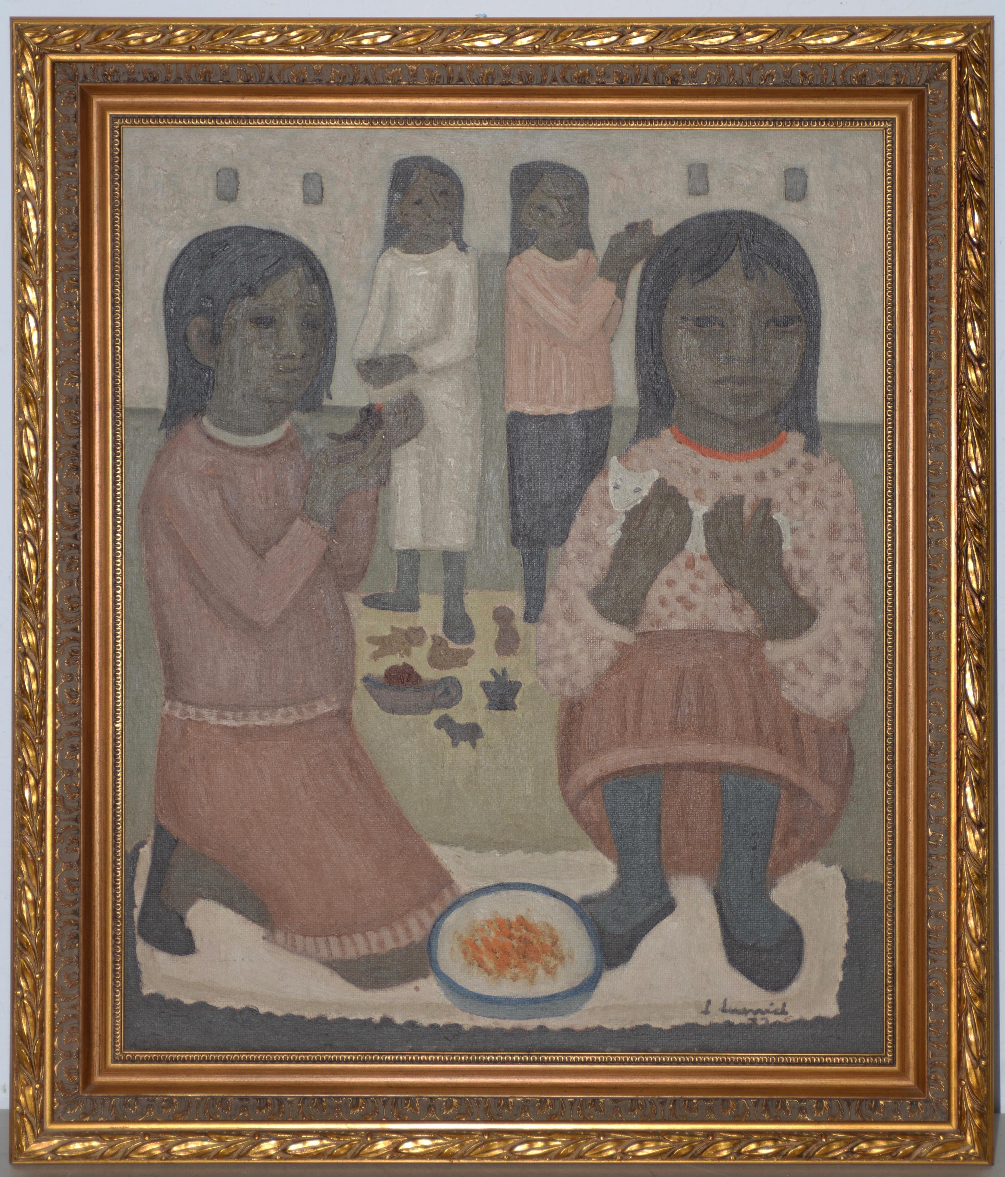 Luis Lusnich (Italy / Argentina, 1911-1995)

Wonderful mid modern oil painting of four young girls playing with birds and a white cat.

Original oil on masonite. Dimensions 20" x 24". The frame measures 25" x 29".

The painting is in excellent