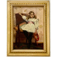 Ellen Starbuck Antique Oil Painting Girl w/ Tambourine 19th c.