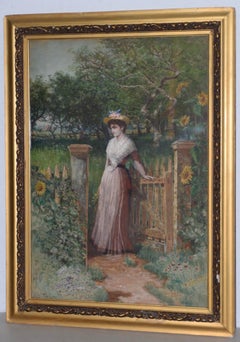 A.D. Turner Watercolor Portrait of a Young Woman at Gardens Gate c.1910