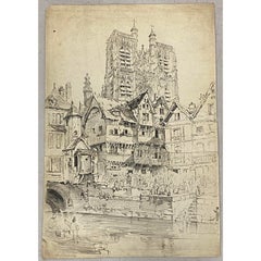 Samuel Prout "Abbeville, France" - Dessin d'origine à l'encre et à la plume, vers 1819