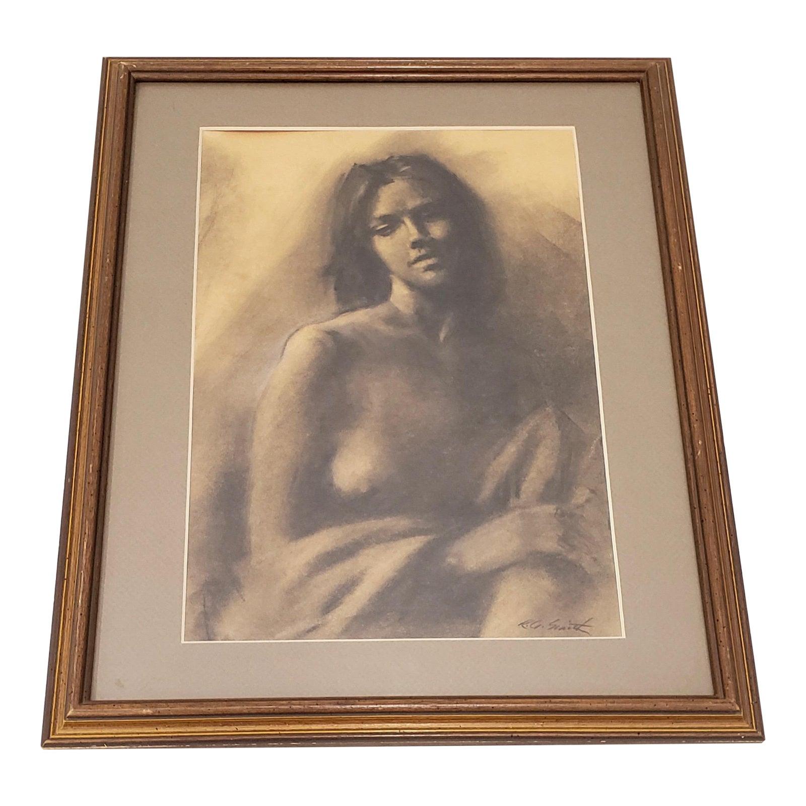Portrait en graphite fin de belle jeune femme par R.G. Le Smith - Art de Unknown