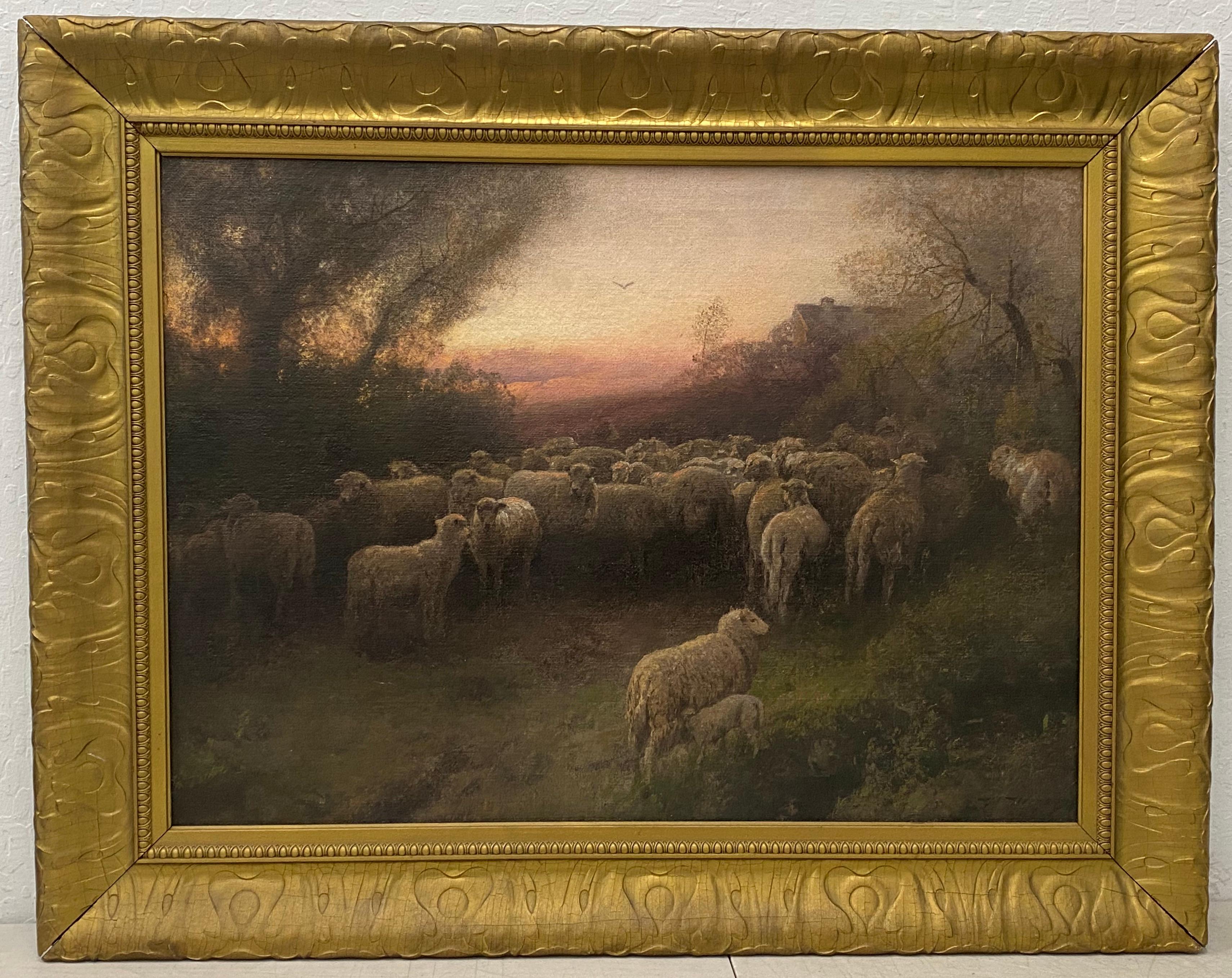 Hermann Herzog Landscape Painting - Hermann Ottomar Herzog Luminous Landscape W/ Sheep C.1900