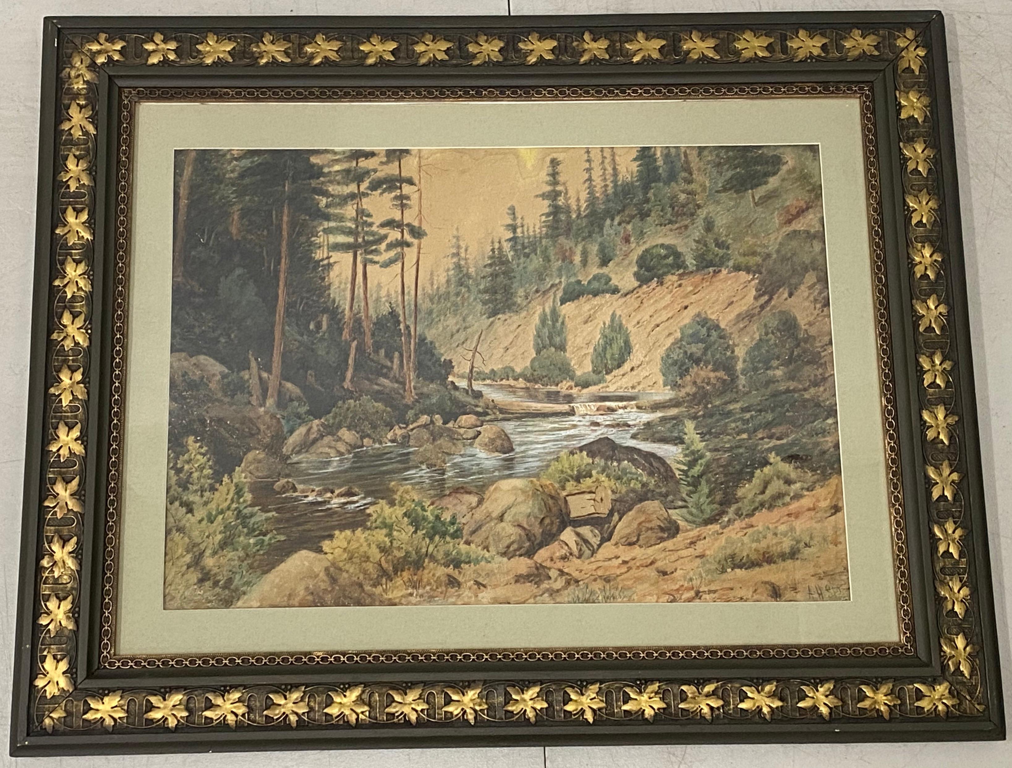 Peinture à l'aquarelle d'un paysage fluvial du début du 20e siècle