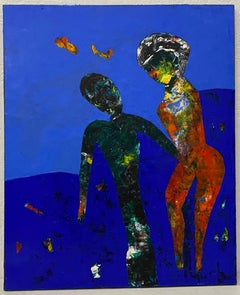 Lajos Flesser "Curiosity" Original Modernist Figural Abstract Oil Painting 20th
