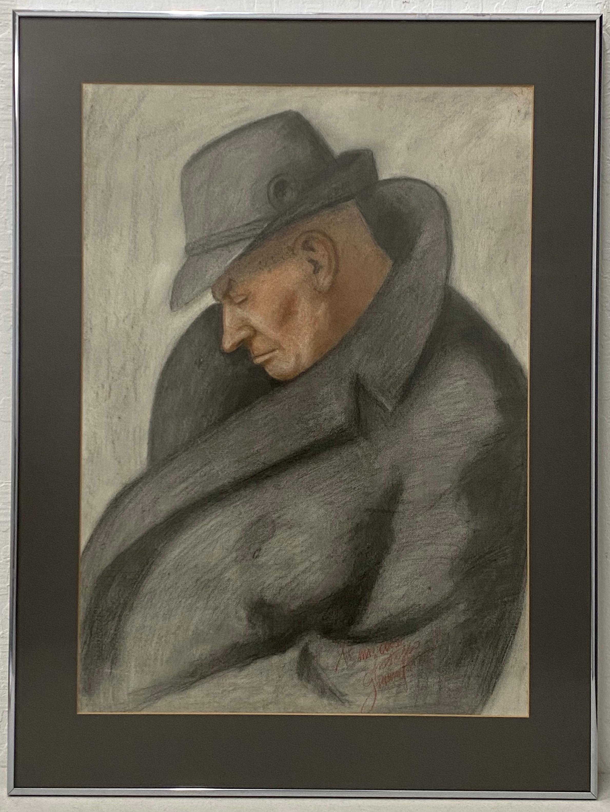 Vintage Charcoal Portrait of a Sleeping Man in an Overcoat c.1940 - Art by Unknown
