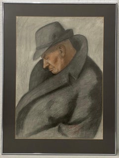 Vintage Charcoal Portrait of a Sleeping Man in an Overcoat c.1940